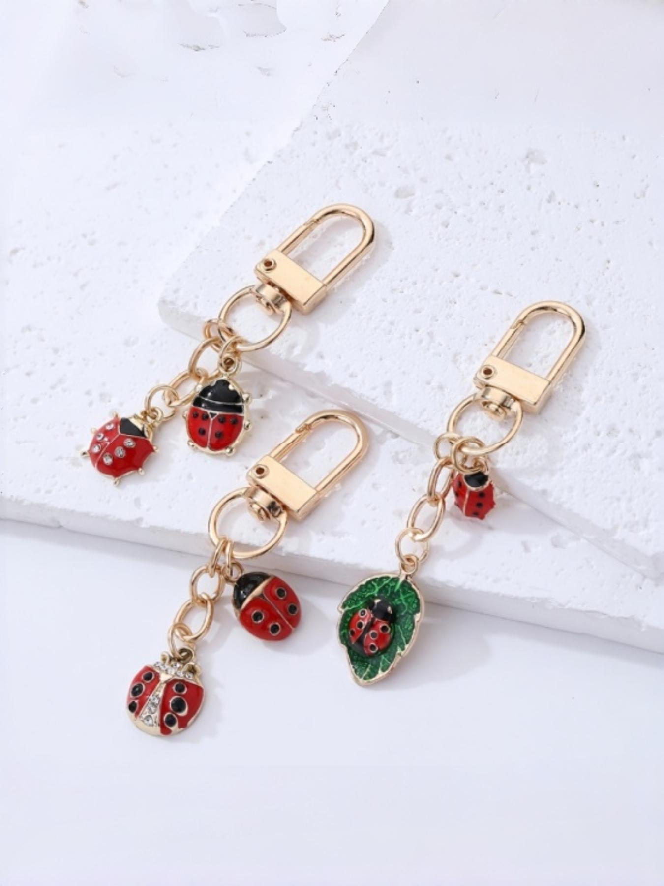 3pcs Ladybug Keychains, Enamel Bug Pendant with Crystal Gems & Leaf Design, Perfect Accessory for Bags & Wallets, Ideal Mother's Day Gift
