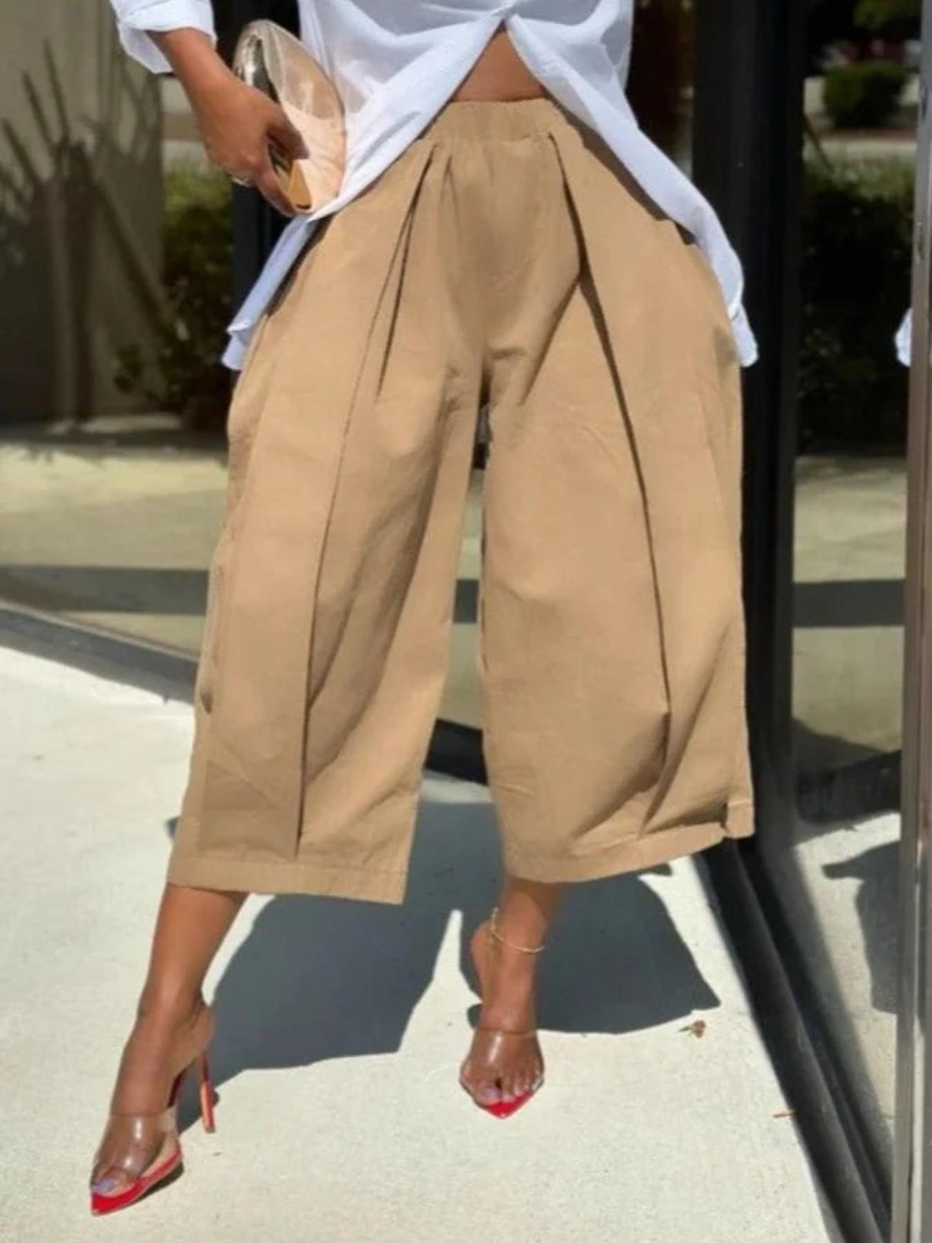 Women's Plus-Size Front‑Pleated Design Cropped Pants, Vertical Pleat Loose Fit Elastic Waist Culottes, Casual Daily Wear, Baggy