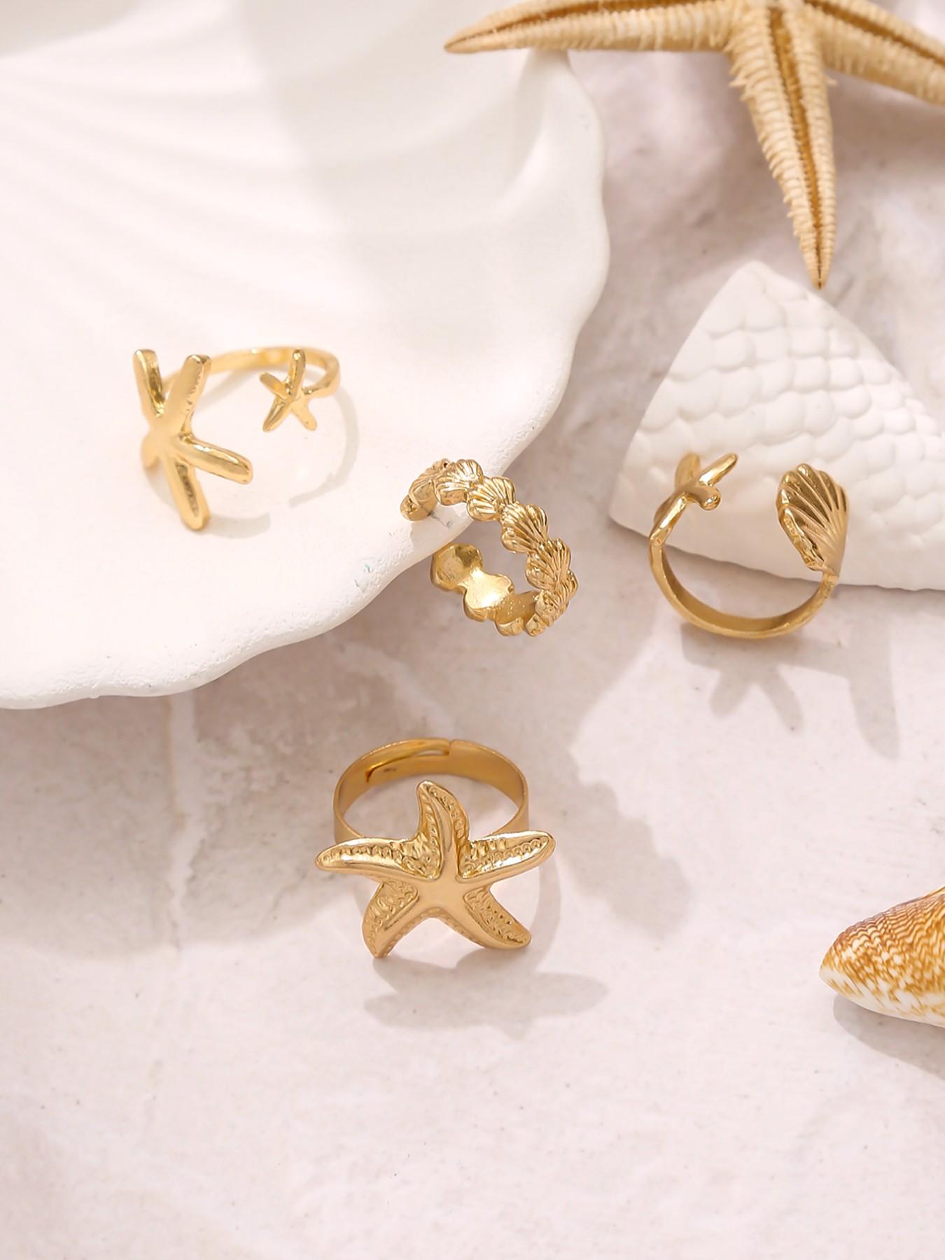 4 Piece Starfish Shell Rings Set, Elegant Sea Inspired Jewelry for Women, Perfect Gift for Beach Lovers