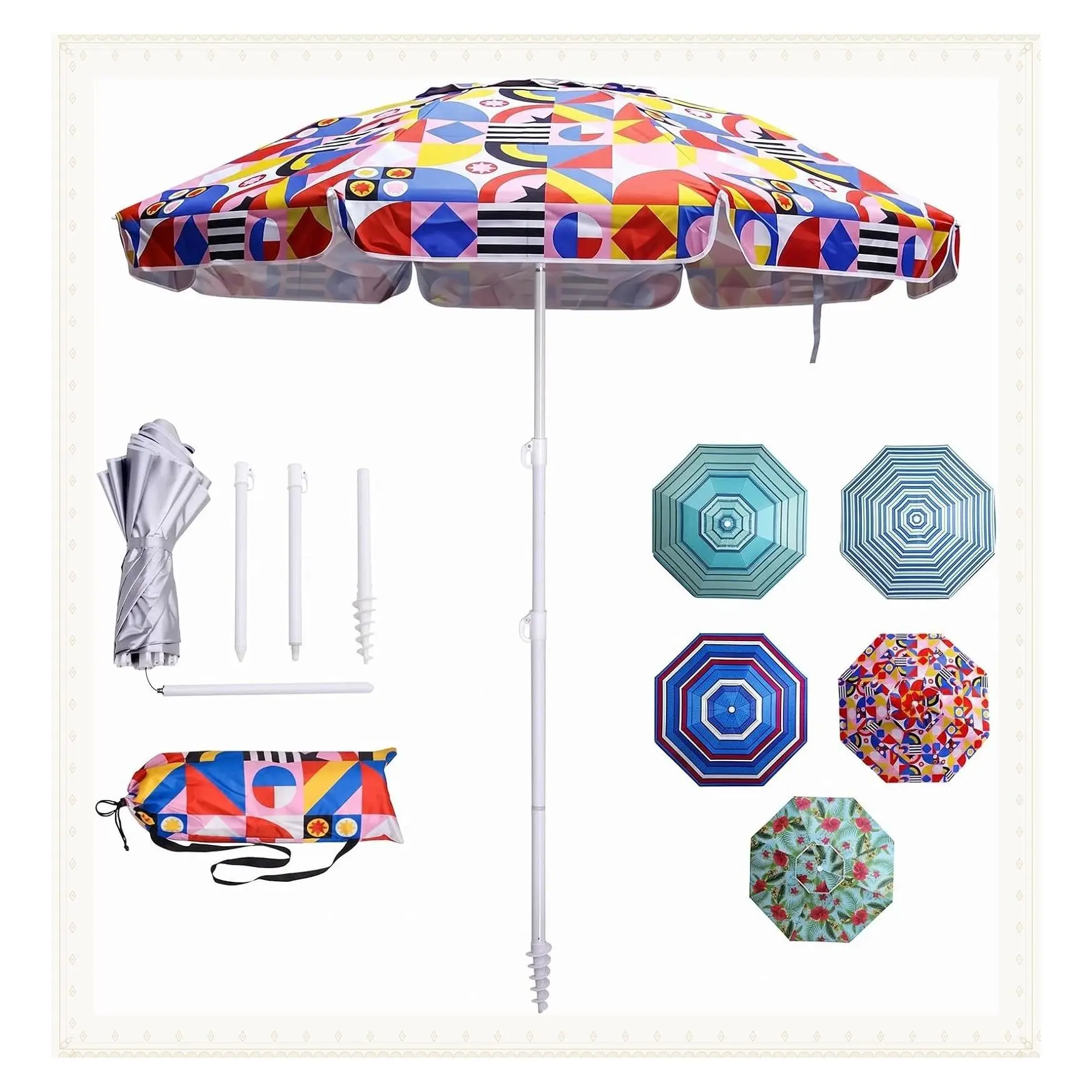 6ft Beach Umbrella with Sand Anchor & Carry Bag - Heavy Duty Wind Resistant UV 50+ Portable Outdoor Sun Shade for Beach Pool Patio Garden, Print Flower, No TiltGift