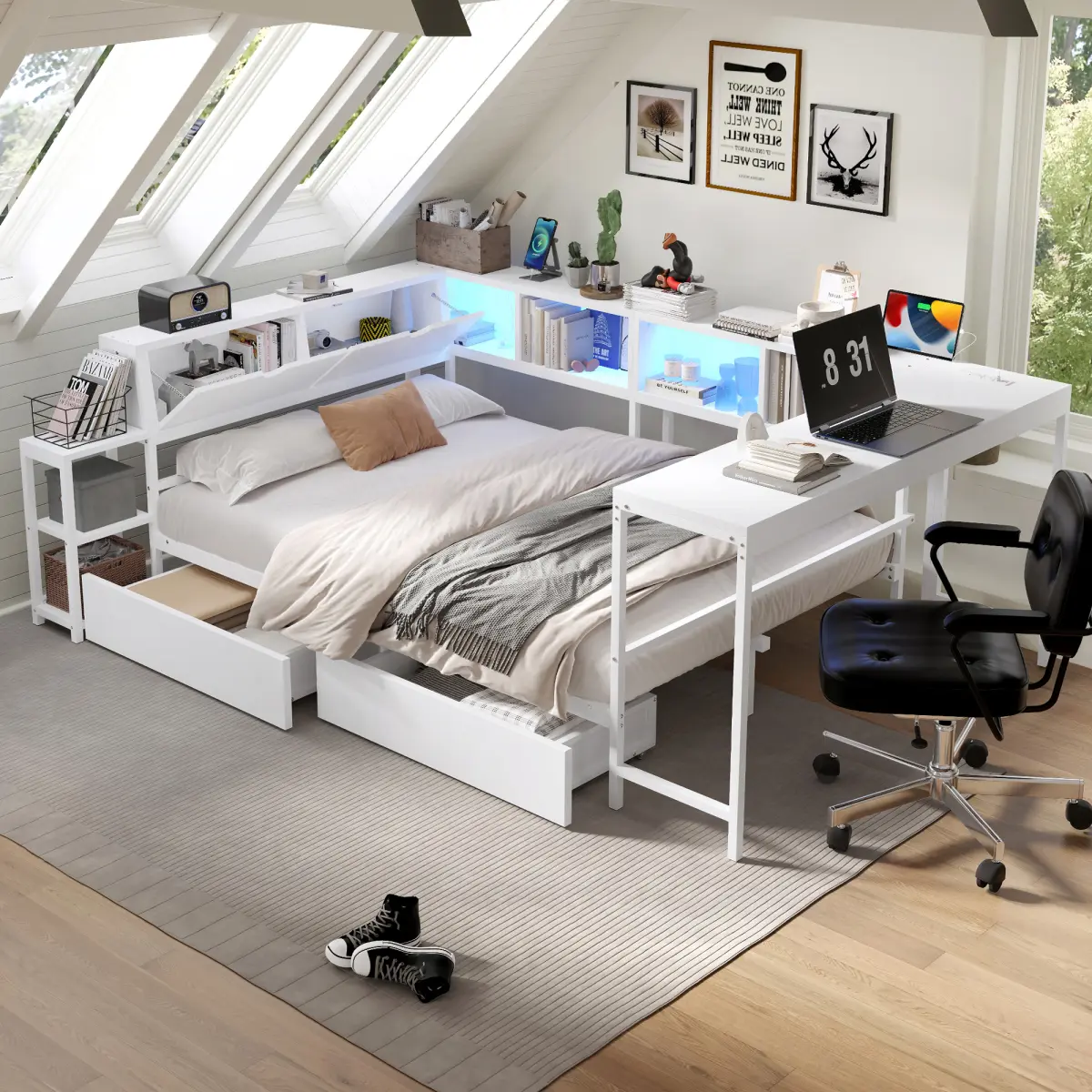 Corner Bed Frame with Integrated Bookcase & Shelves, Modern Platform Bed with LED Light Strip, Charging Station and Under‑Bed Storage Drawers