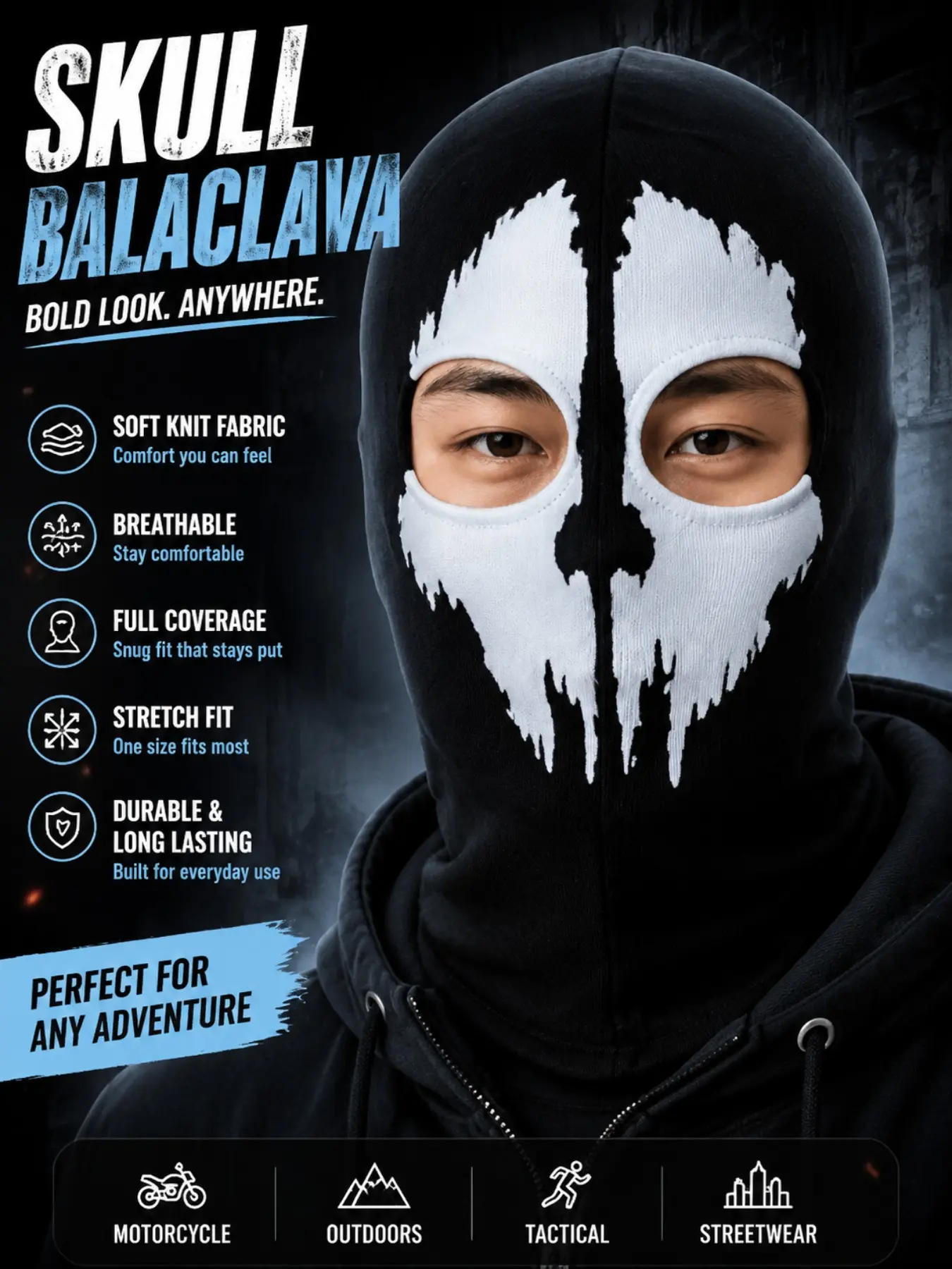 Skull Balaclava Mask for Men Women, Skeleton Face Cover Hood, Halloween Costume Mask, Streetwear Winter Knit Ski Mask for Outdoor Use