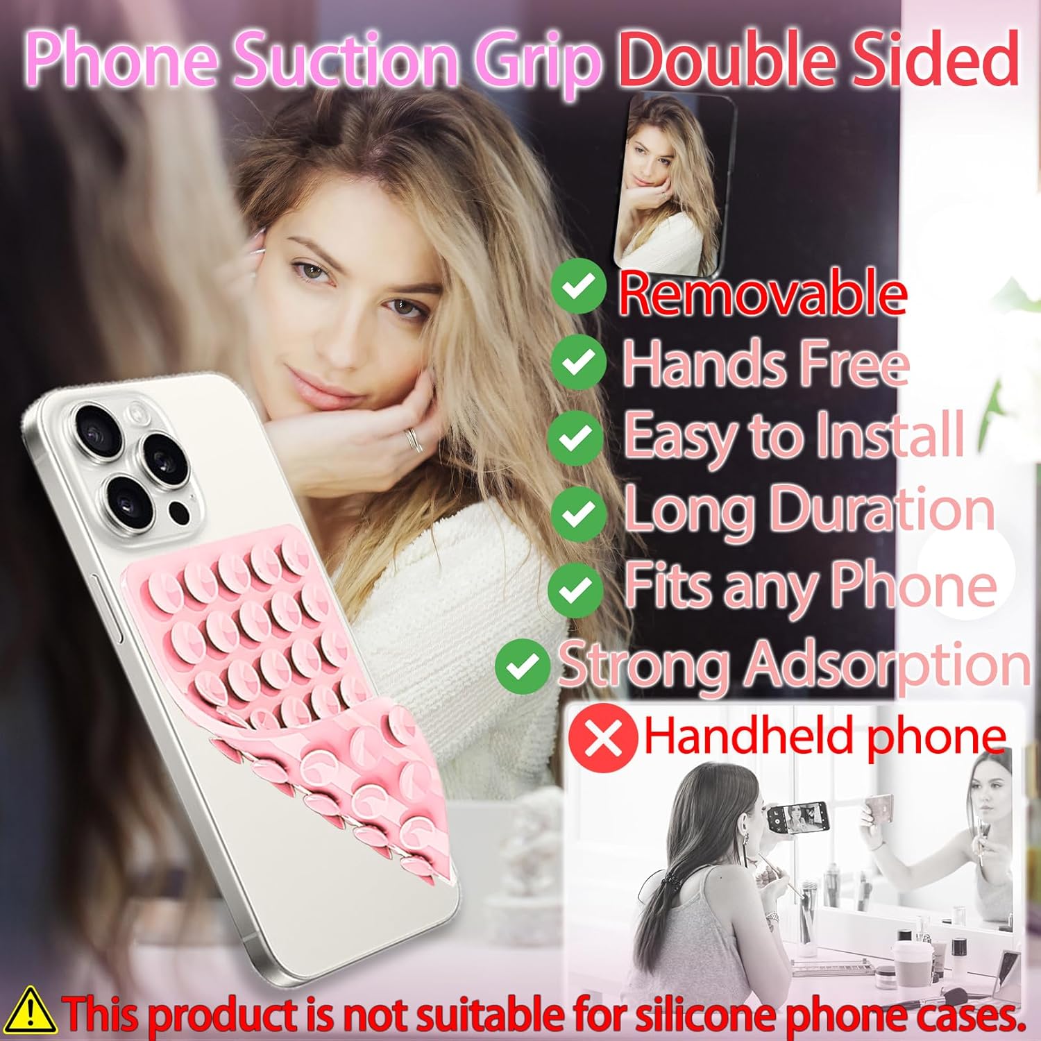Silicone Phone Grip for iPhone & Android Hands-Free Cell Phone Holder with 40 Strong Suction Cups for Selfies Videos & Mobile Fidget Mirror Holder - CellphoneHARD EDGE