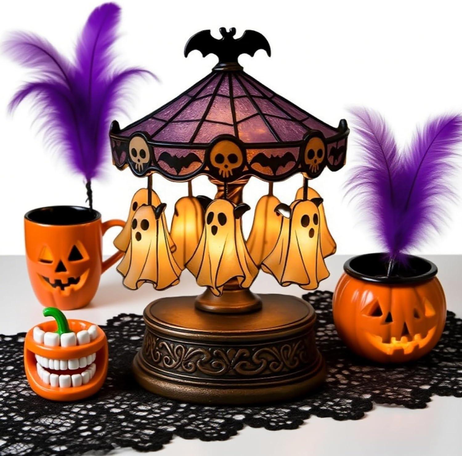 Cute Halloween Ghost Carousel Night Light, Antique Stained Glass, Vintage Carousel Decor, Indoor Home Party Kitchen Table