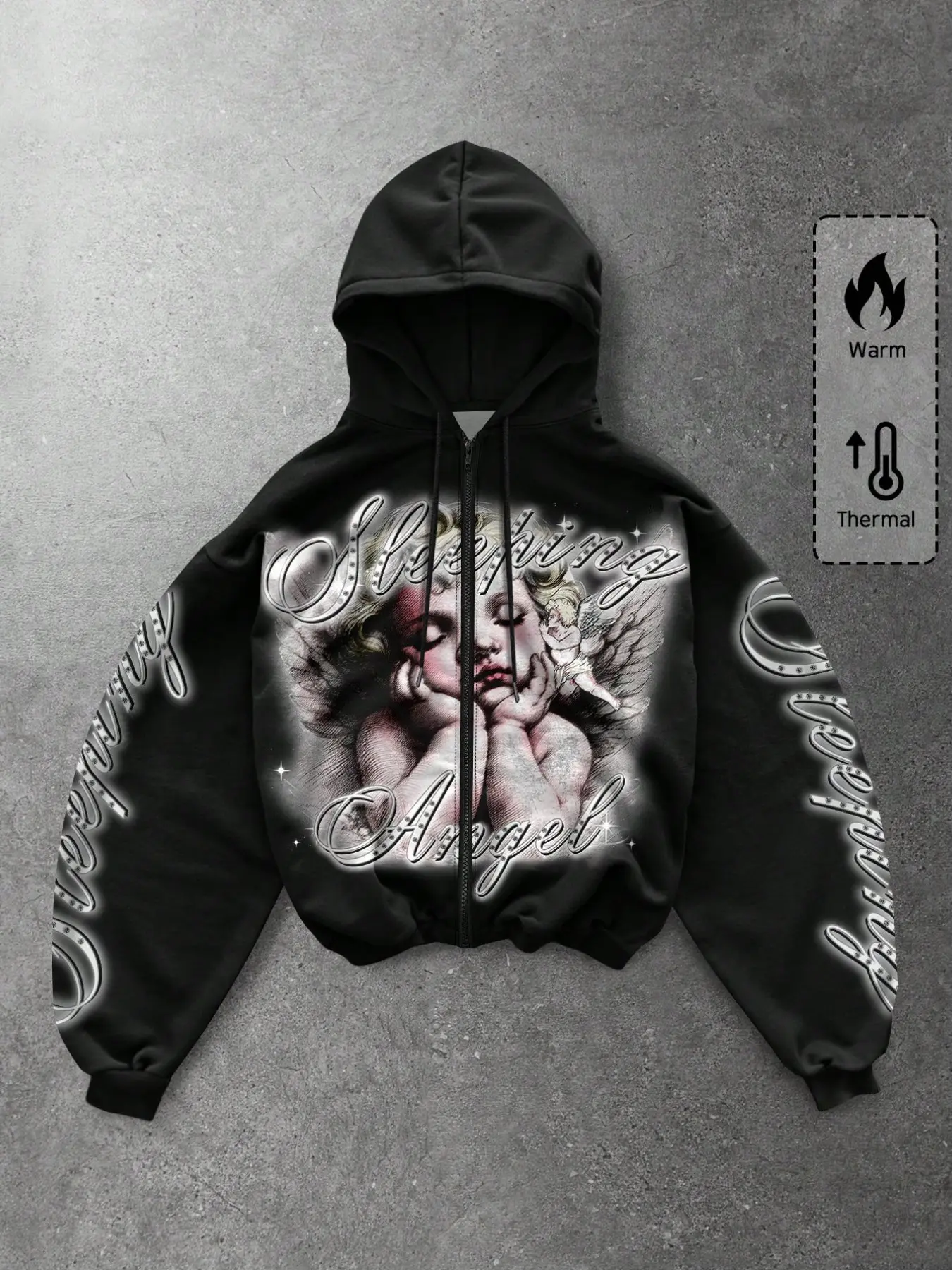 Unisex Vintage Zipper Hoodie, Thick Thermal Fabric, Dreaming Angel Print, Street Style, Fall & Winter, Slim Fit, All over Print
