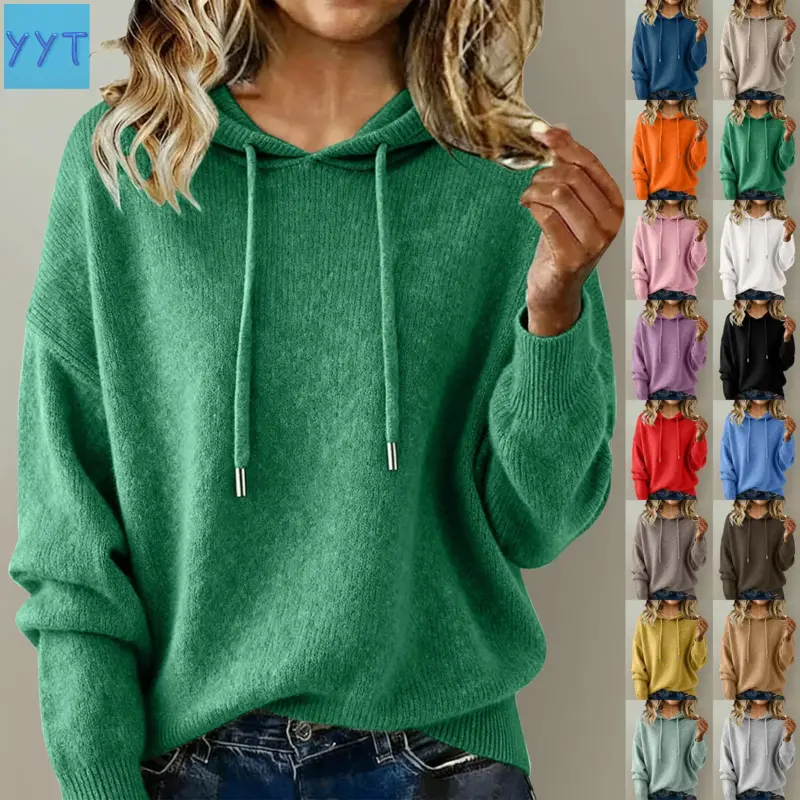 YYT1 New autumn and winter hooded drawstring sweater, solid color long-sleeve fleece top women,