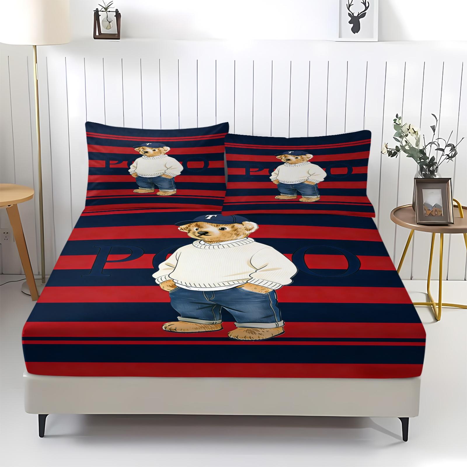 Teddy Bear Pattern Bed Sheet, Comfortable Printed Pattern, Includes 1 Bed Sheet and 2 Pillowcases, Comfortable Bedding, Non slip Dust Cover Suitable for Bedroom and Guest Room, Suitable as a Gift for Children or Adults
