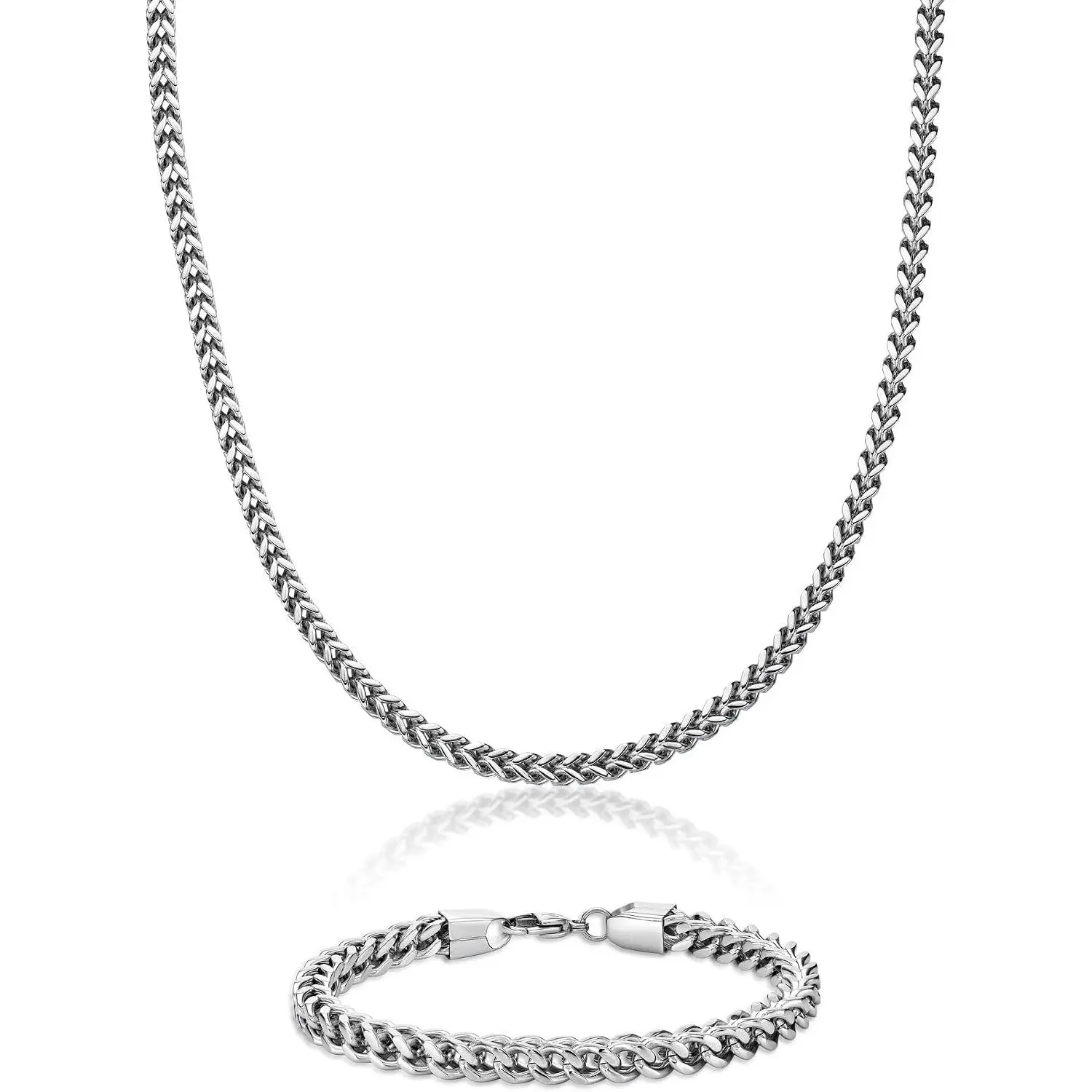 Thick Foxtail Chain Necklace and Bracelet Set for Men in Stainless Steel with Black or Yellow    22 and 9 Inches 6 mm Wide Lobster Claw  Set