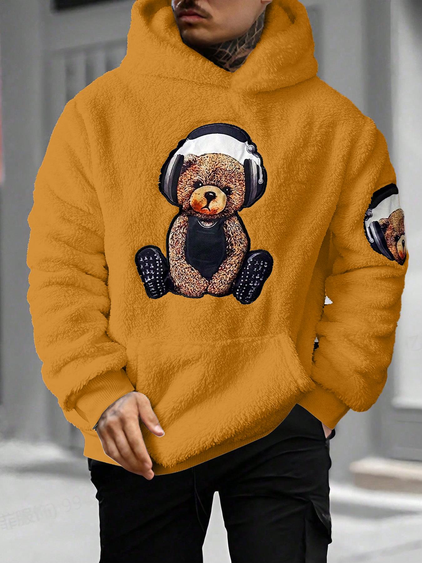 Men's Cartoon Bear Embroidery Pocket Fuzzy Knitted Hoodie, Fitted Casual Long Sleeve Hooded Sweatshirt for Fall & Winter, Men's Clothes for Daily Wear