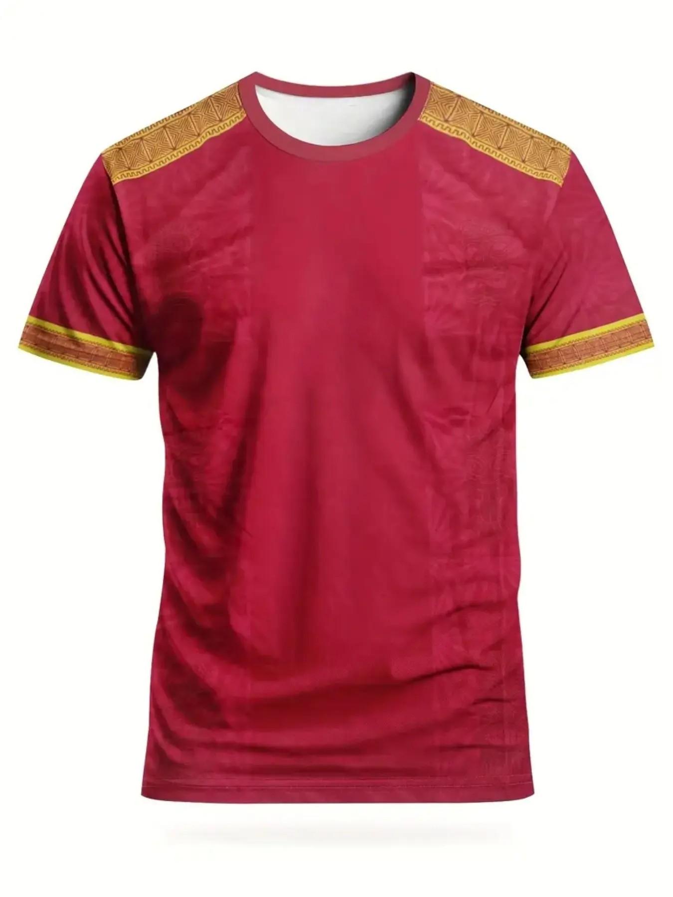 Men's Tribal Trim Sporty T-Shirt, Ethnic Style Round Neck Short Sleeve Top, Loose-Fitting All Seasons Clothing