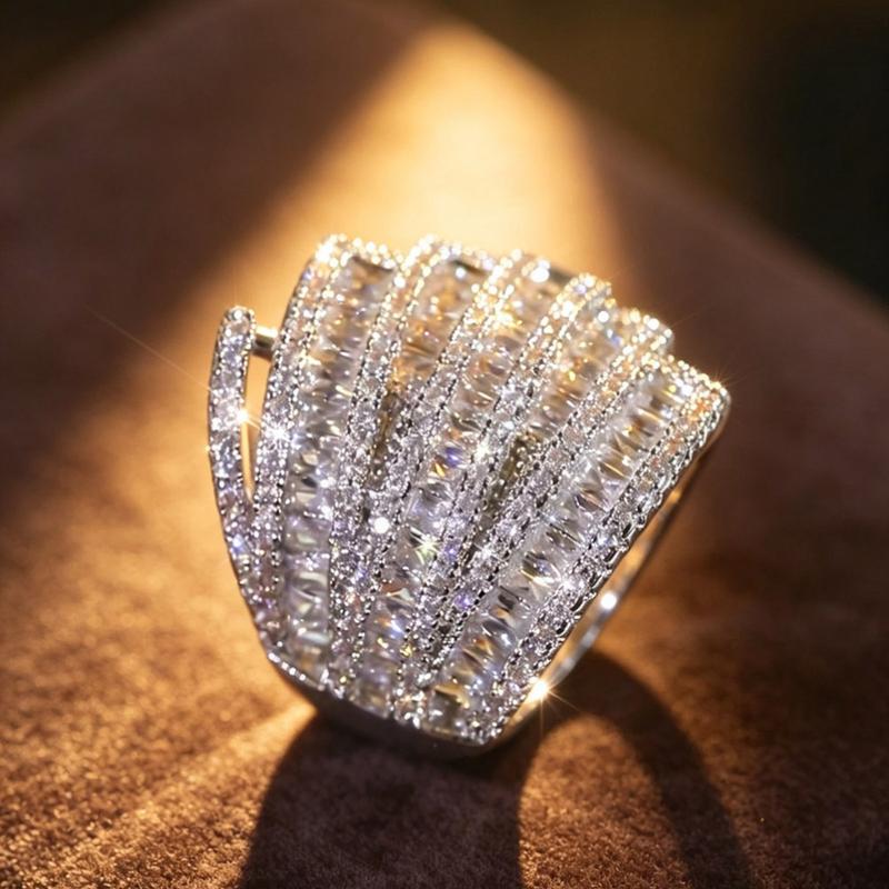 1. Multi-Row Baguette Pave Wide Band Statement Ring for Women, Luxury Full Stone Cocktail Ring, Sparkling Bold Party Ring, Fashion Jewelry for Wedding Banquet Prom Anniversary Gift
