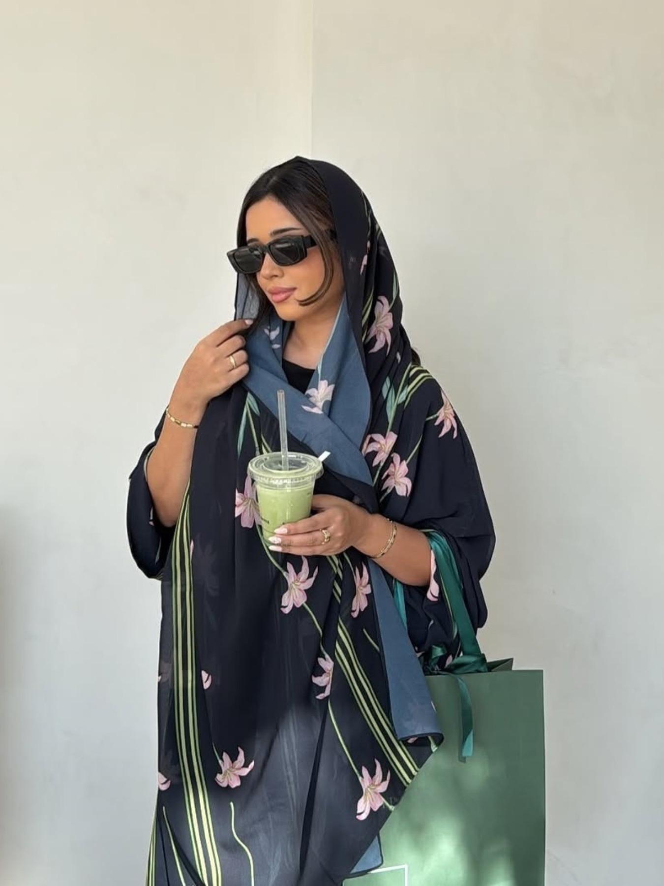Women's Floral Print Long Sleeve Abaya Set with Hijab, Elegant Casual Islamic Clothing for Daily Wear, Suitable for All Seasons