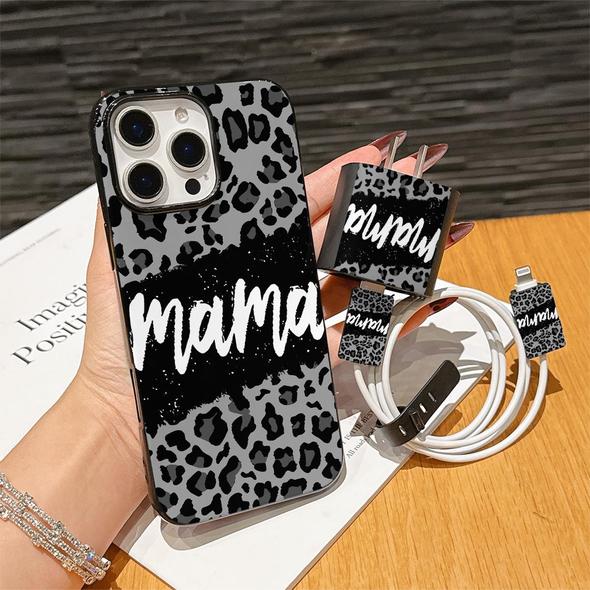 5-Piece Set Jelly Large Hole Leopard Print Letter Ma Phone Case, Charging Head Cover, Data Line Protector, Storage Rope, Smartphone Accessories