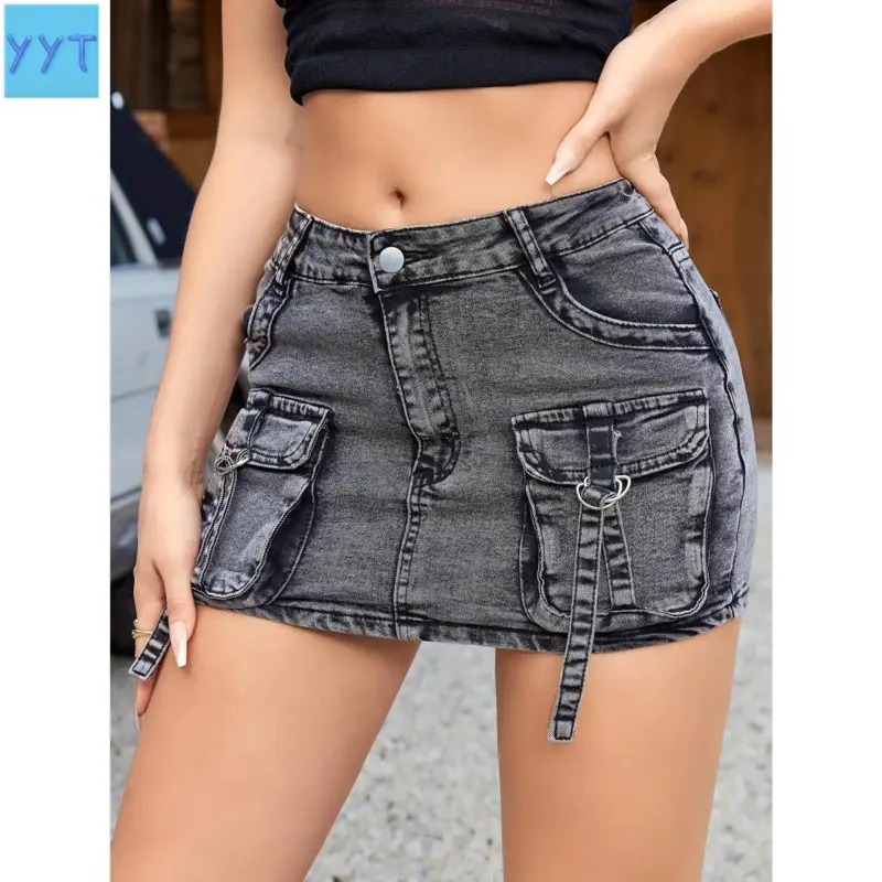 YYT1 Women's Elegant Gray Skirt, Vintage Style, Casual Fashion Jean Mini Skirt with Pockets, Short Skirt