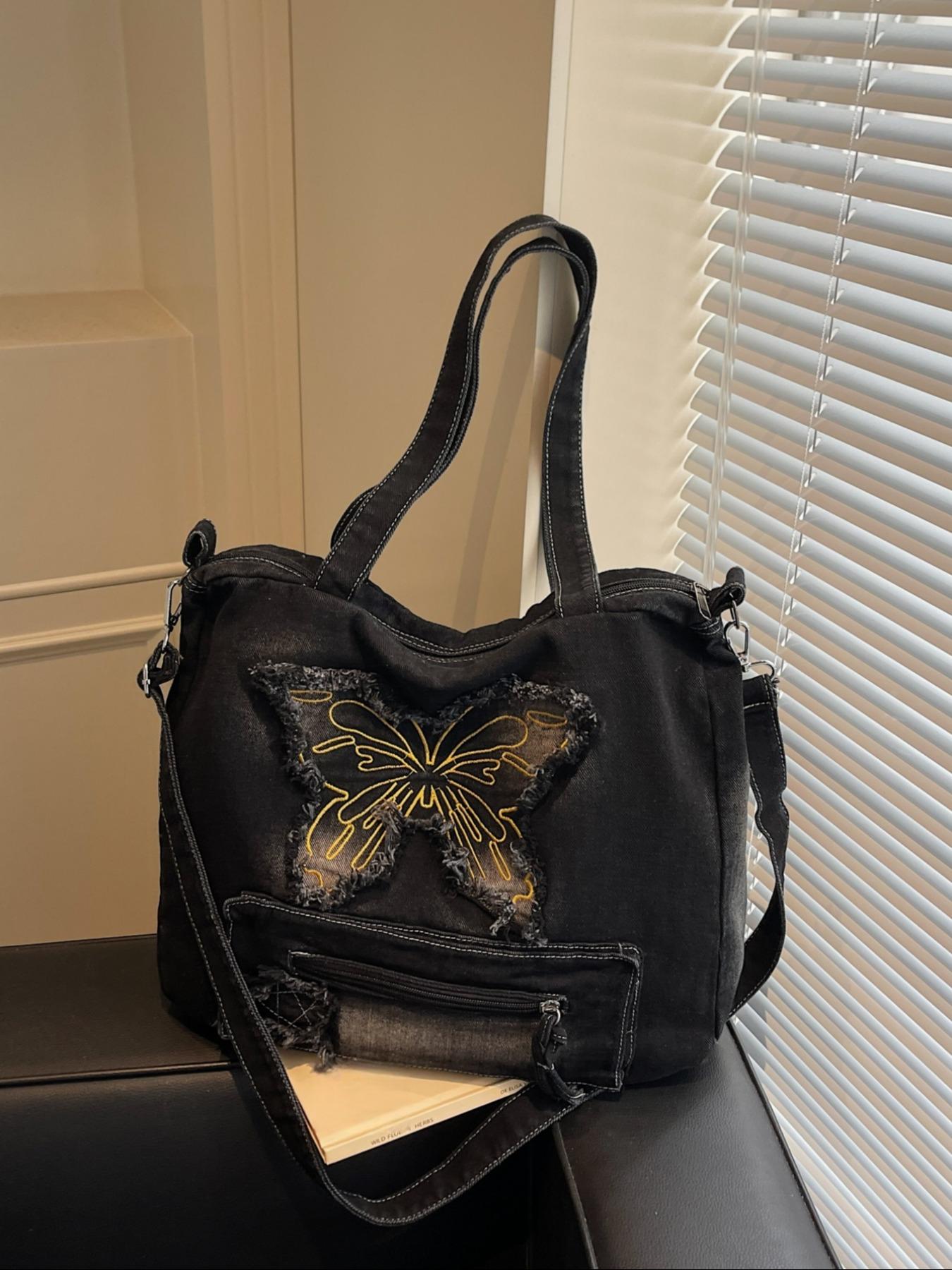 Women's Butterfly Embroidery Denim Tote Bag, Fashionable Large Capacity Shoulder Bag for Daily Used, Casual Trendy Versatile High-quality Daily Commuting Bag