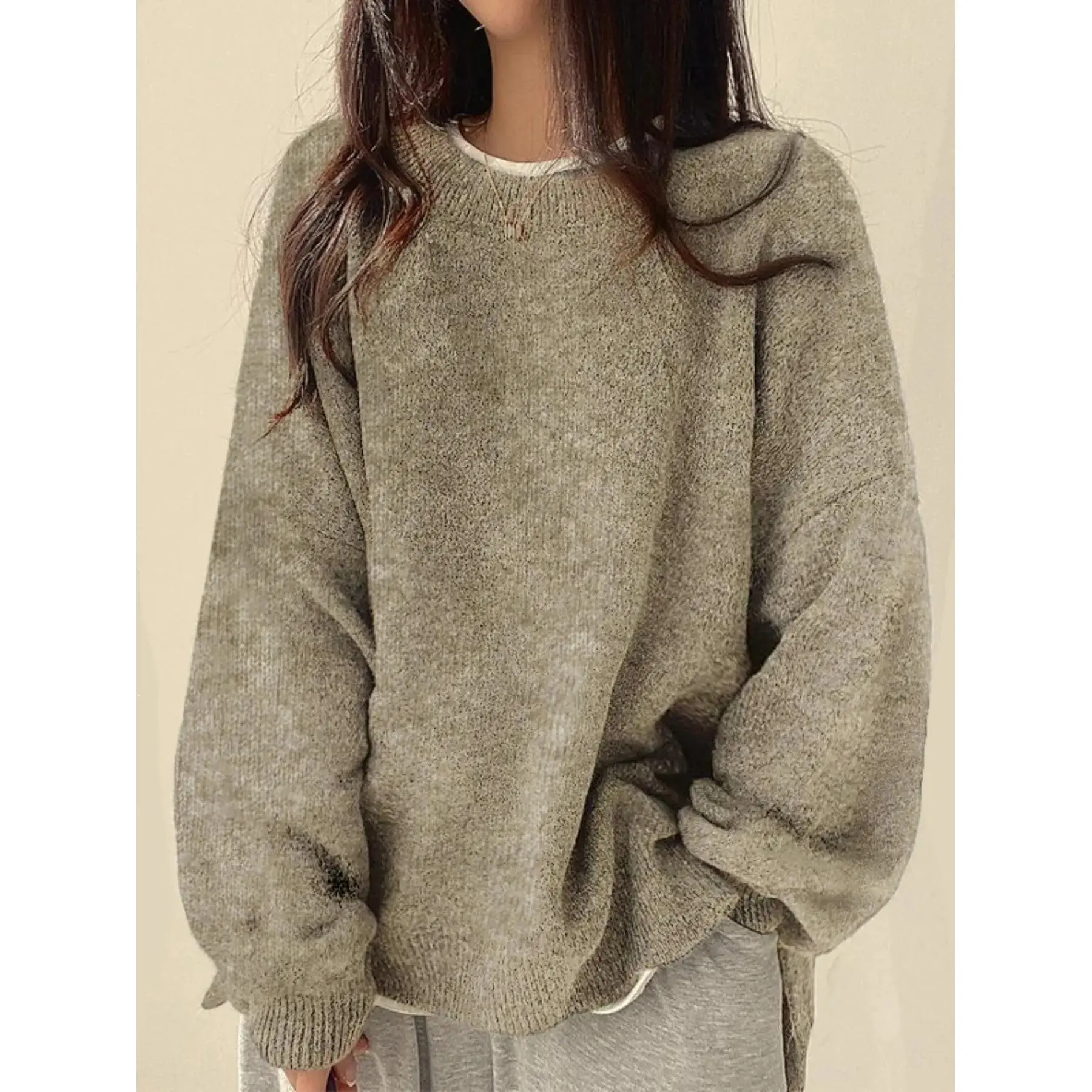 Women's Drop Shoulder Split Hem Sweater, Casual Chic Aesthetic Long Sleeve Round Neck Jumper, Women's Knitwear Top for Fall & Winter, Sweaters for Women