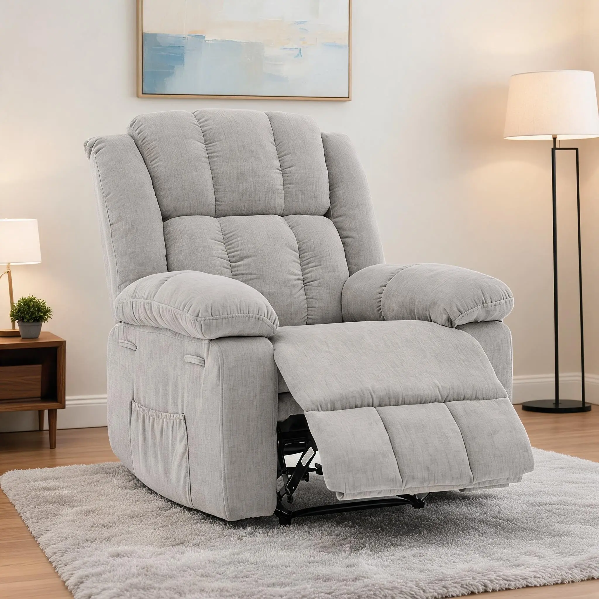 Minimalist Extra Wide Manual Recliner Chair for Adults - 155° Ergonomic Armchair with Wide Arms, Footrest, Side Storage Pocket, Tool-Free Setup, Diamond Stitch Soft Towel Fabric Upholstery, Sturdy Frame, Ideal for Living Room, Bedroom, Gray