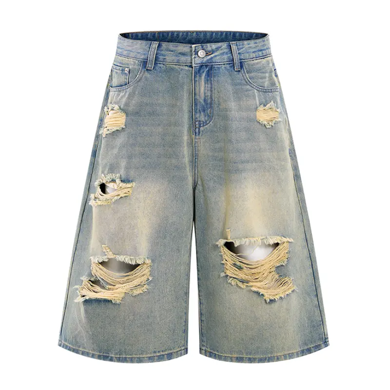 Men Vintage Washed Ripped Denim Bermuda Shorts, Zip Button Fly, Classic Five-Pocket Design, Loose Wide Knee-Length Fit, Distressed Street Casual Jorts # sohochic