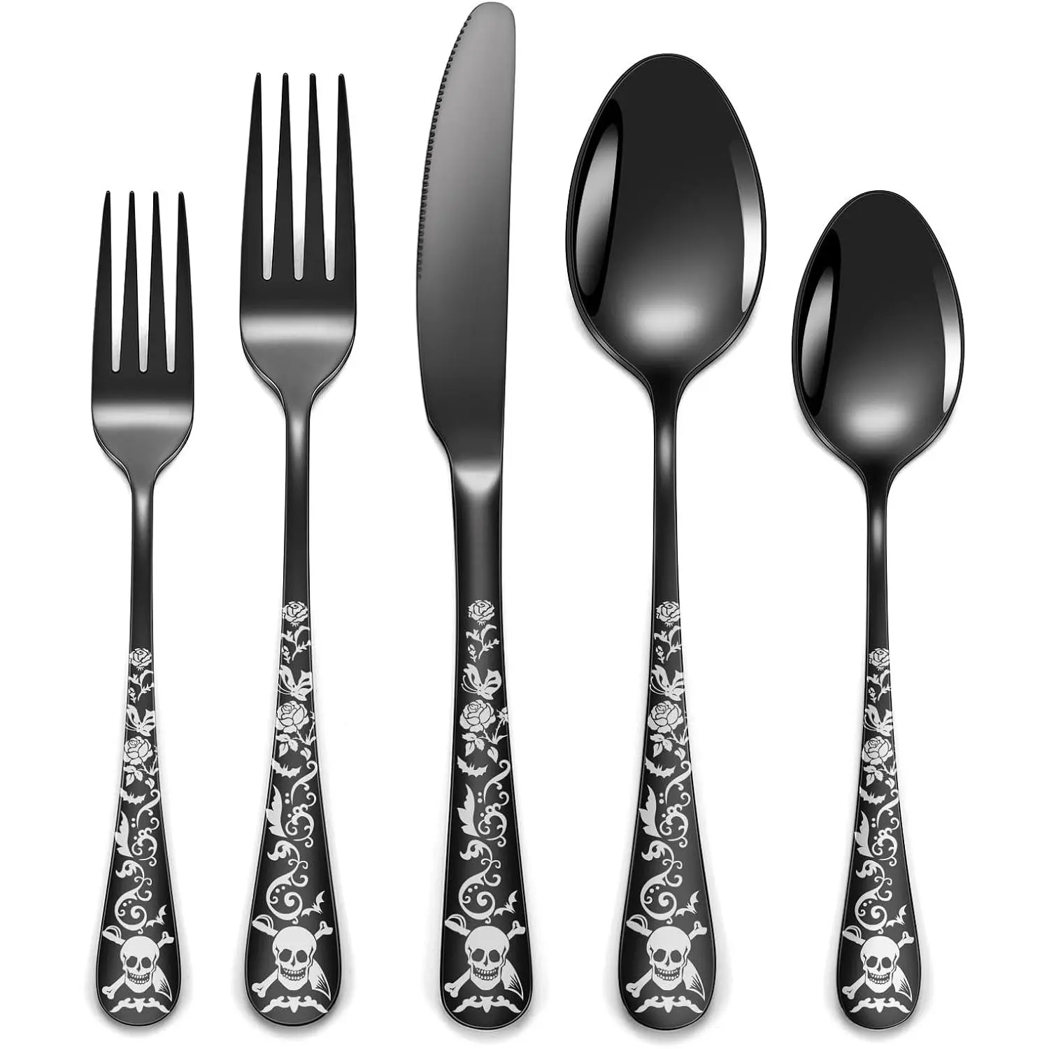 Skull Black Silverware Set for 8, 40-Piece Pirate Rose Flatware Set, Gothic Skeleton Flower Bat Knive Fork Spoon Cutlery Dinnerware for Decoration,Halloween horror,Christmas, Party, Gift,Housewarming