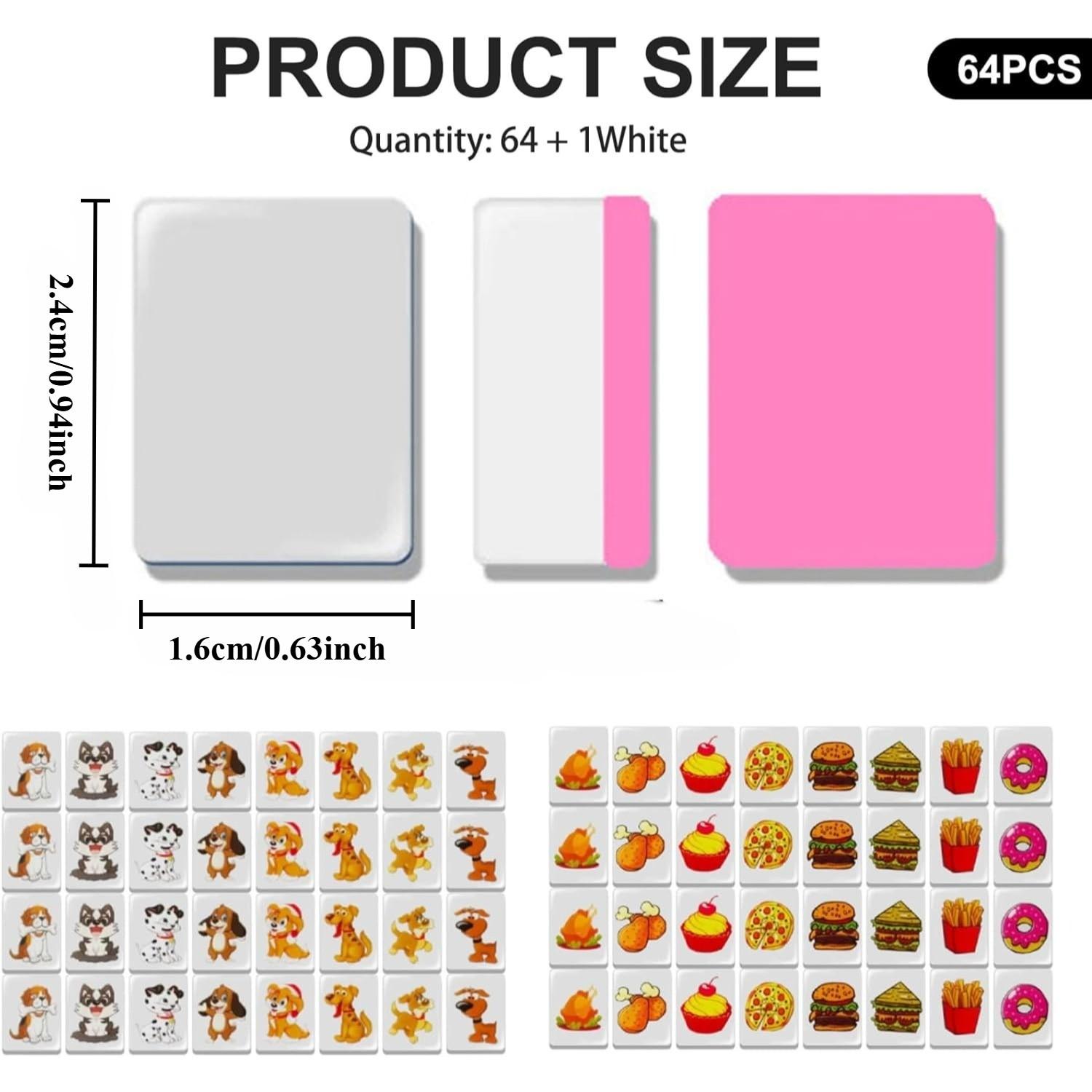 Push Tile Game Set 64 Pieces, Cute Dog and Food Pattern Mahjong Tiles, Durable Material, Perfect Gift for Family Gatherings