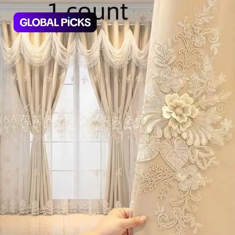 French Double Layer Window Curtain with Sheer Overlay, Romantic Style, Suitable for Kids' Room, Living Room & Bedroom, Home Decoration Drapes, Curtain Panels
