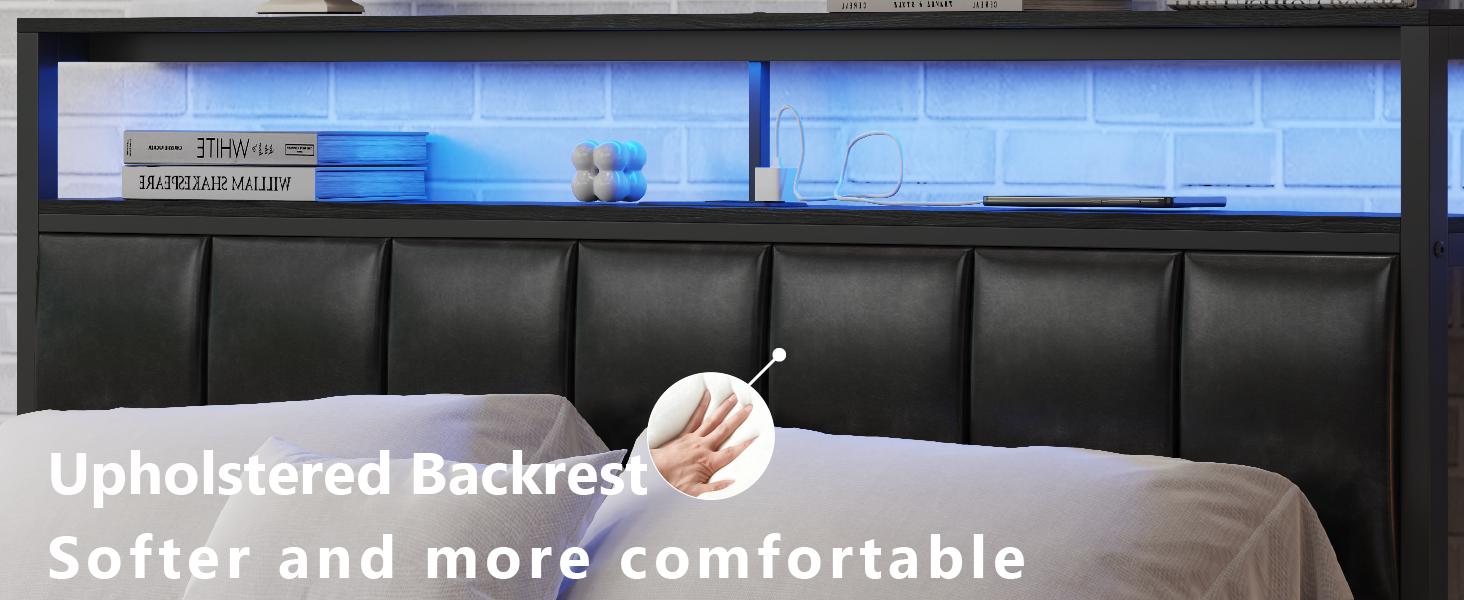 Queen Size Bed Frame with Charging Station and LED Lights,  Black Upholstered Headboard with 2-Tier Storage Shelves,Metal Bed Frame with Headboard, No Box Spring Needed, Easy Assembly, Black