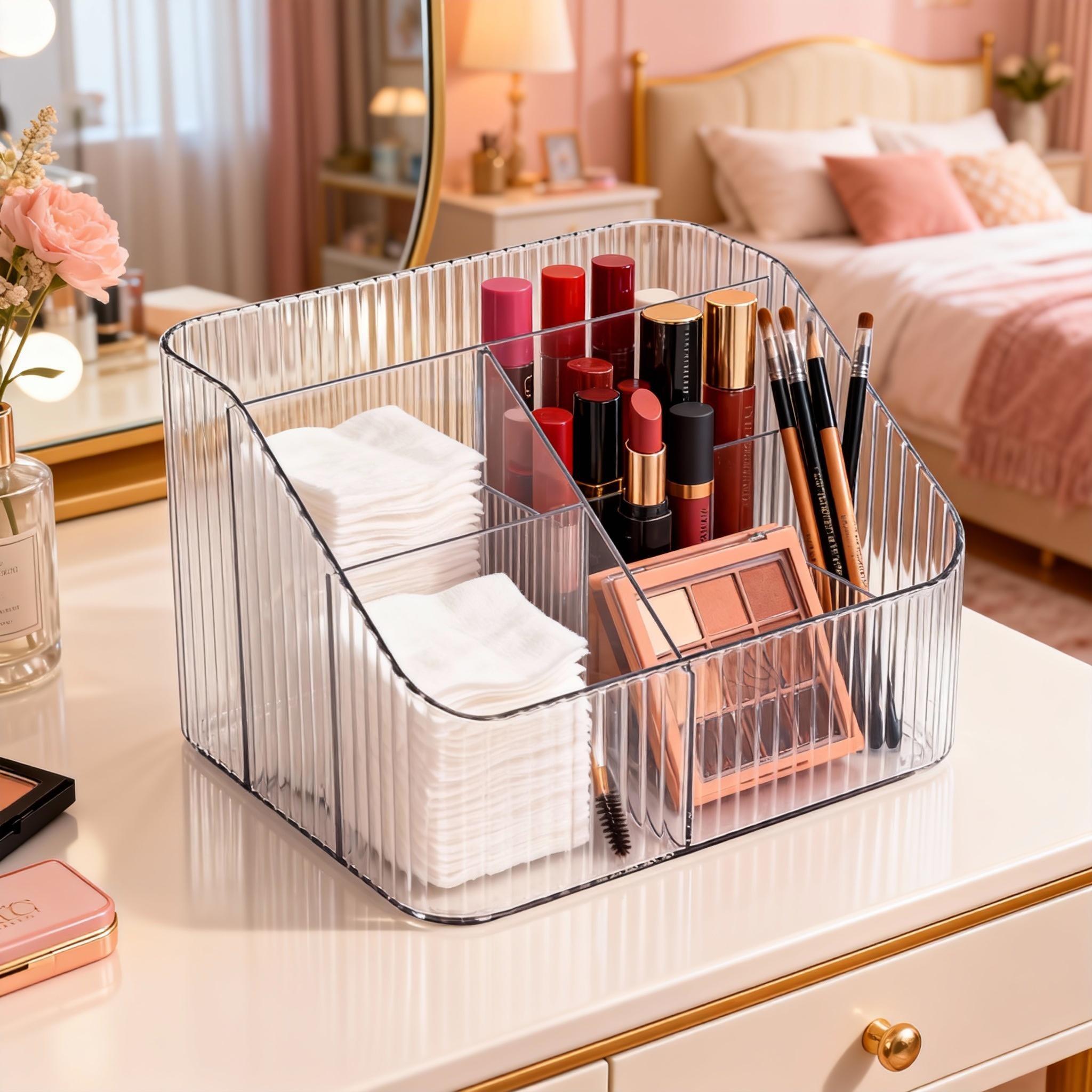 Four-Compartment Storage Box, Stationery Organizer, File Holder, Cosmetic & Skincare Container, Ideal for Office, Bedroom, Living Room