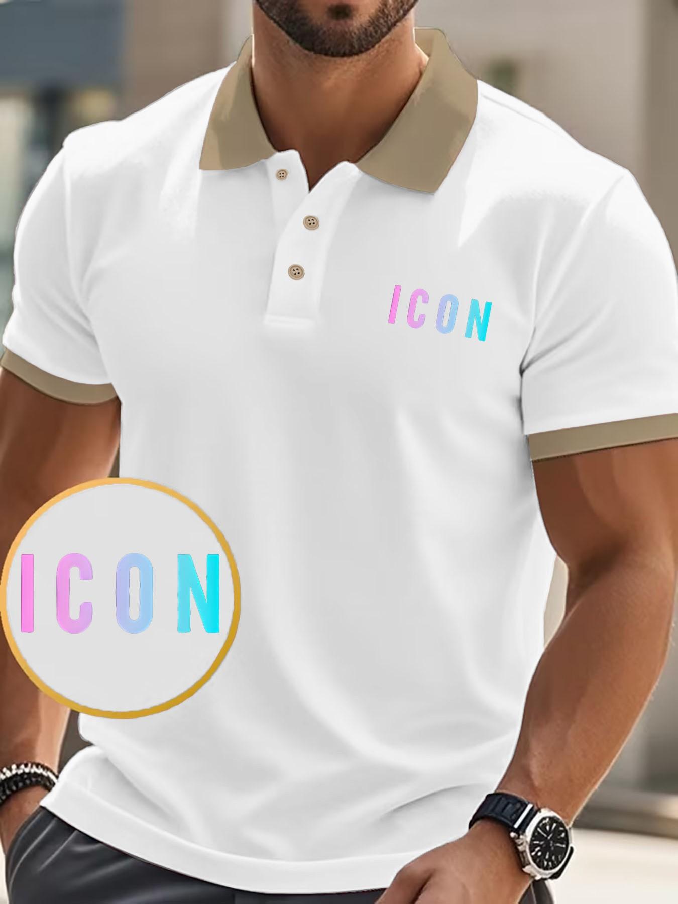 Trendy Versatile Golf Shirt, Summer Men's Retro Icon Logo Polo, Collar Button Casual Top, Short Sleeve Slim Fit, Spring & Fall