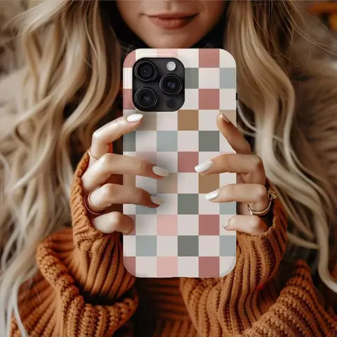 Glossy Boho Checkered Smartphone Casing - Neutral Polycarbonate-TPU Dual-Layer Shockproof Cover, Soft-Touch for Comfy Hold, Raised Edges, Open Ports, Wireless Compatible Gift for Her, Fit for iPhone 12/13/14/15/16 Pro Max/Plus/Mini Models