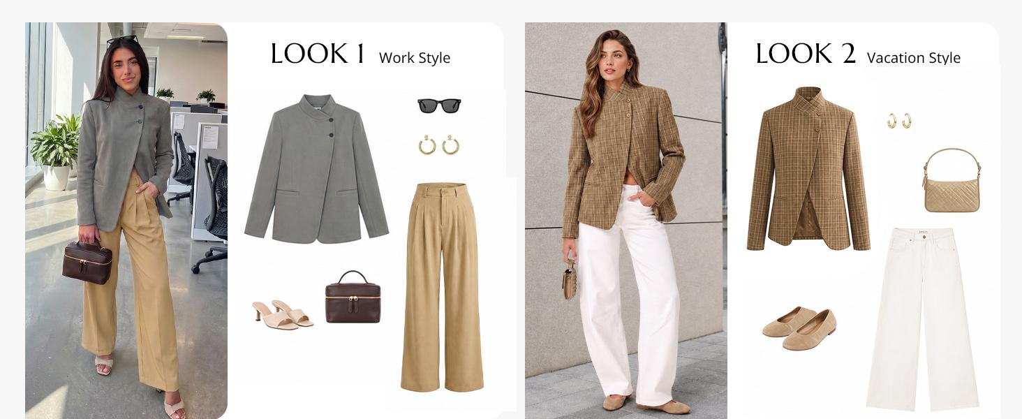 Cicy Bell Women's Casual Stand Collar Blazer Trendy Button Suit Jacket | Open Cross Front, Long Sleeve, Work Office, Business Coat