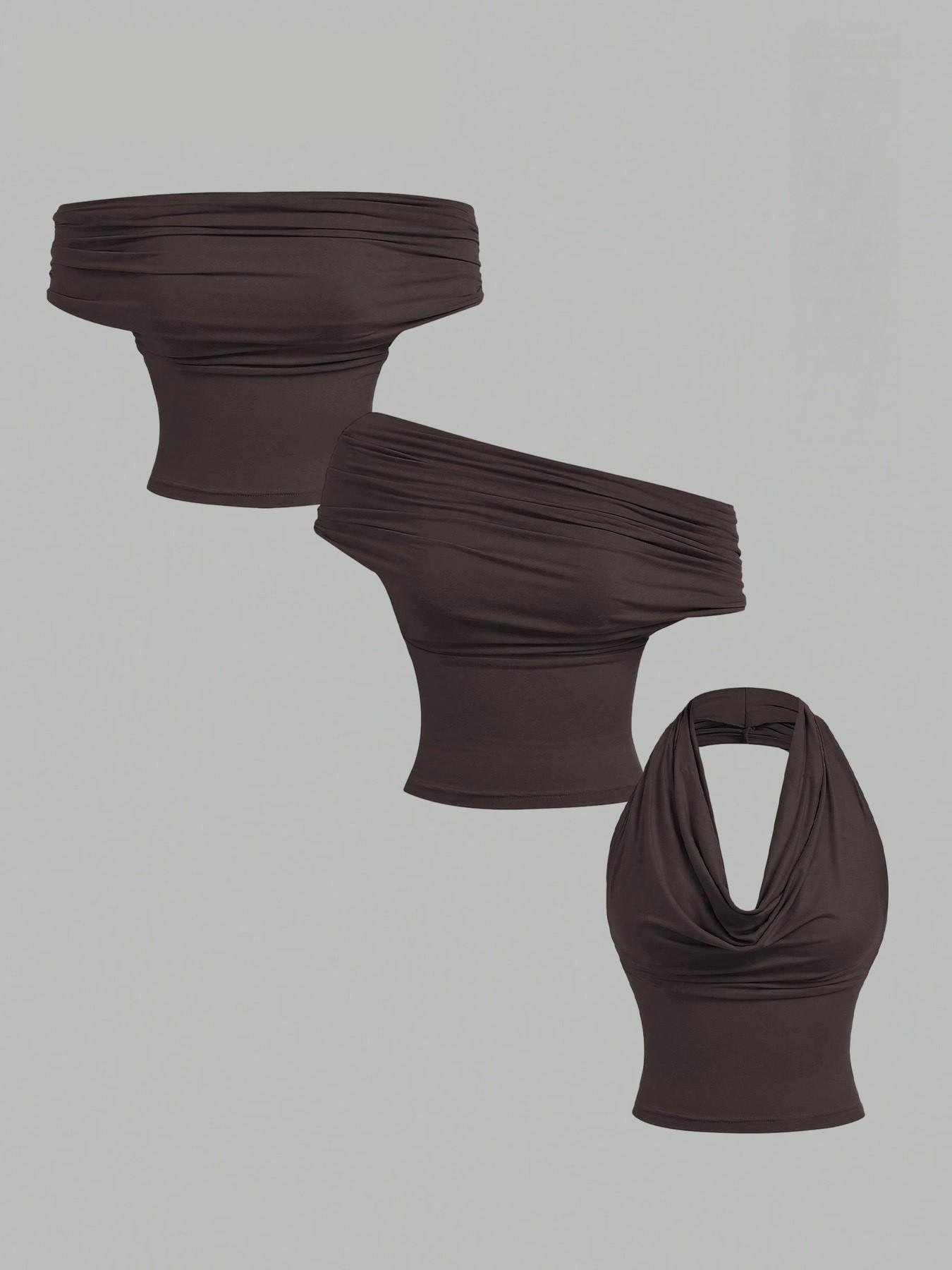 Fashionable New Sexy Blouse Women's Multi Way Wear Ruched Off The Shoulder Tops Draped Cowl Neck Halter Tops 3 Ways to Wear Womenswear