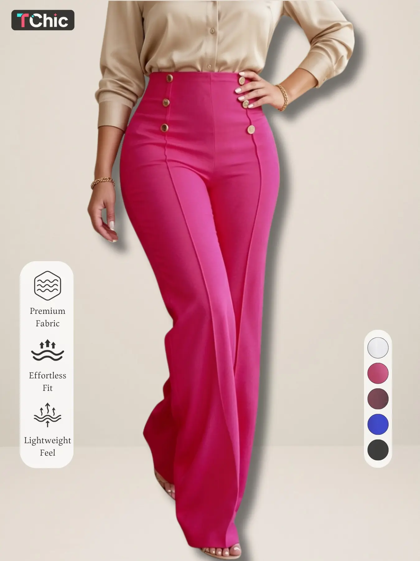 New Arrival Women's Flare Leg Pants, Chic, Buttons, High Waist, Elegant Style, Long/regular Length, All Seasons, Business Occasion