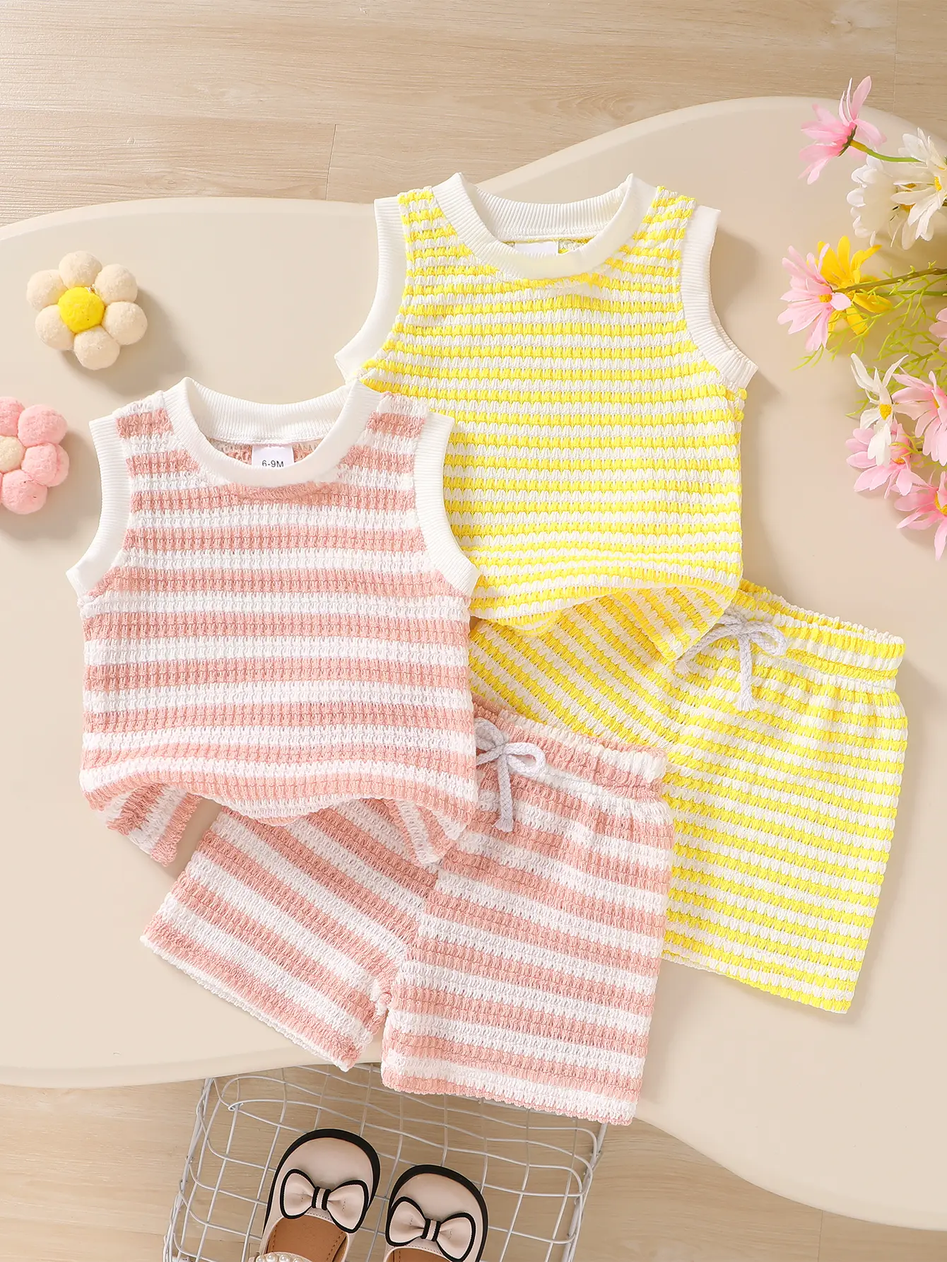 4pcs, Baby Girls, Casual, Cute, Soft, Comfortable, Simple, Versatile Knit Striped T-shirt And Athletic Shorts Set, Baby Girls Clothes, Toddler Girls Clothes, Mommy And Daughter Matching Outfit, Summer For Everyday Wear, Vacations, Outdoor Activities