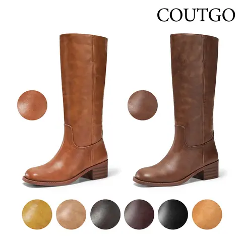 Coutgo Women's Knee High Boots Square Toe Chunky Block Heel Tall Boots Comfortable Low Heel Shoes