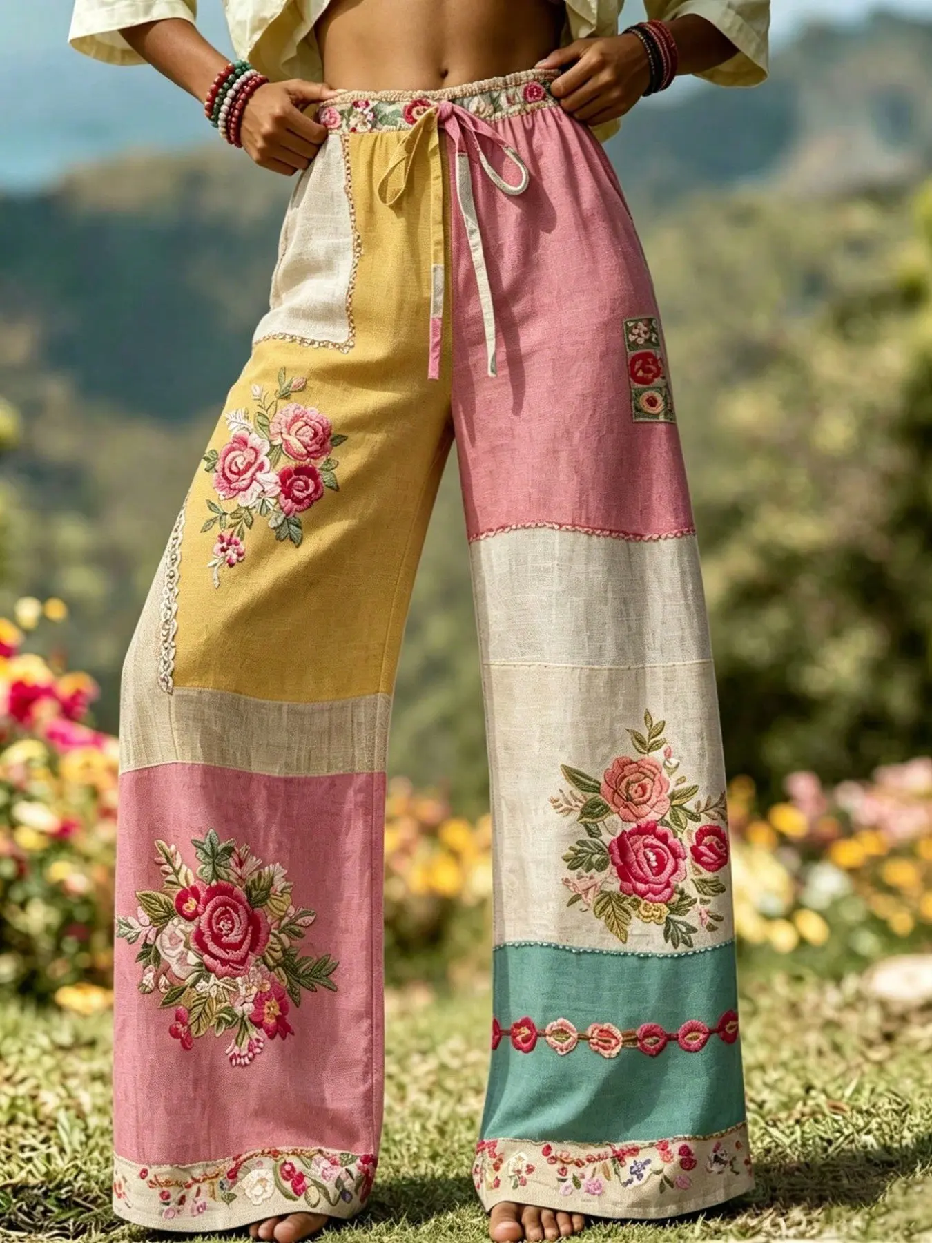Women's Bohemian Floral Patchwork Wide Leg Pants, Elastic Waist with Adjustable Drawstring, Comfortable Fit, Easy to Wear