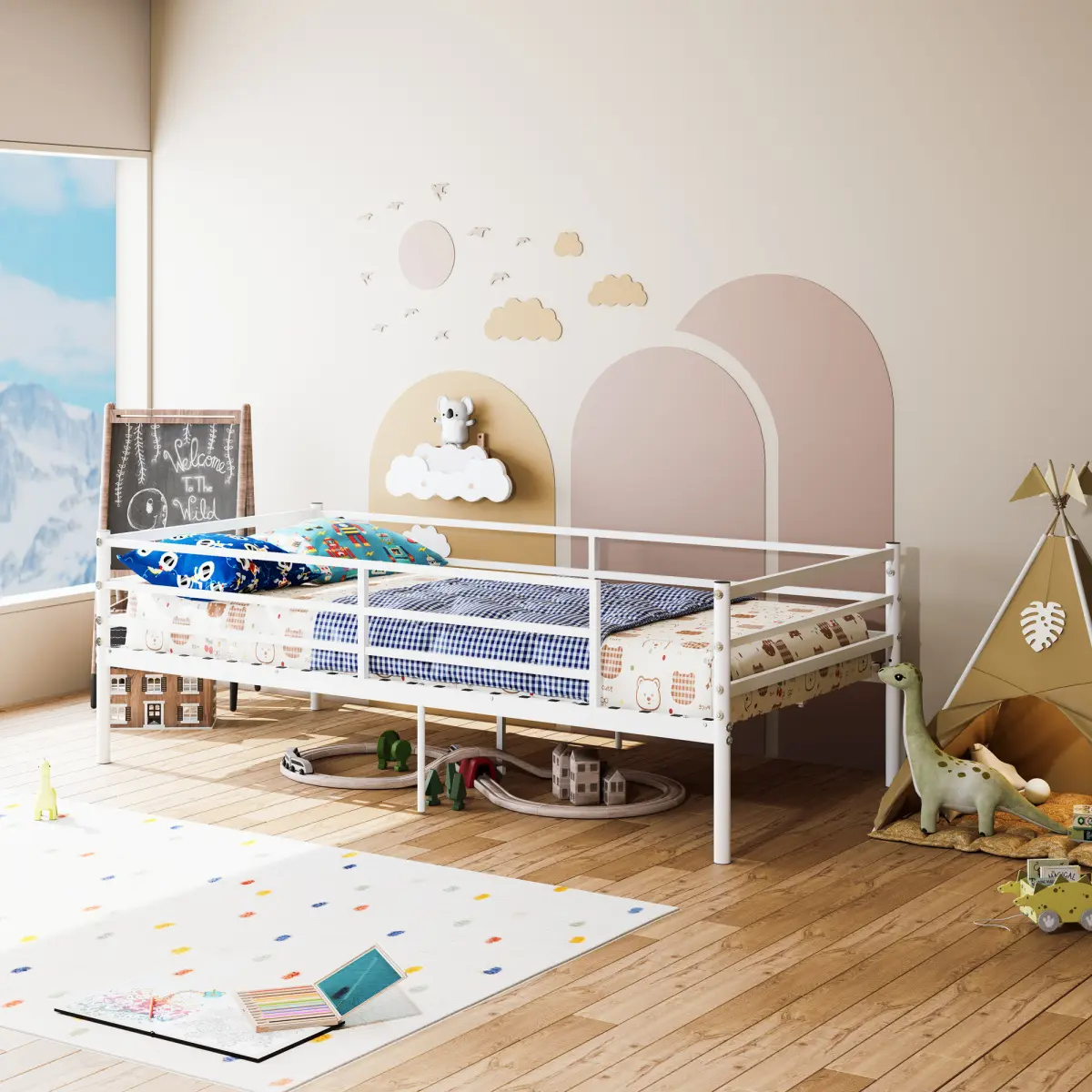 White Metal Single Bed Frame, 275 Lbs Weight Capacity Low‑Profile Platform Bed with 10‑Inch Under‑Bed Storage Space, Space‑Saving Bed for Kids Teens Guest Room Small Apartment Bedroom