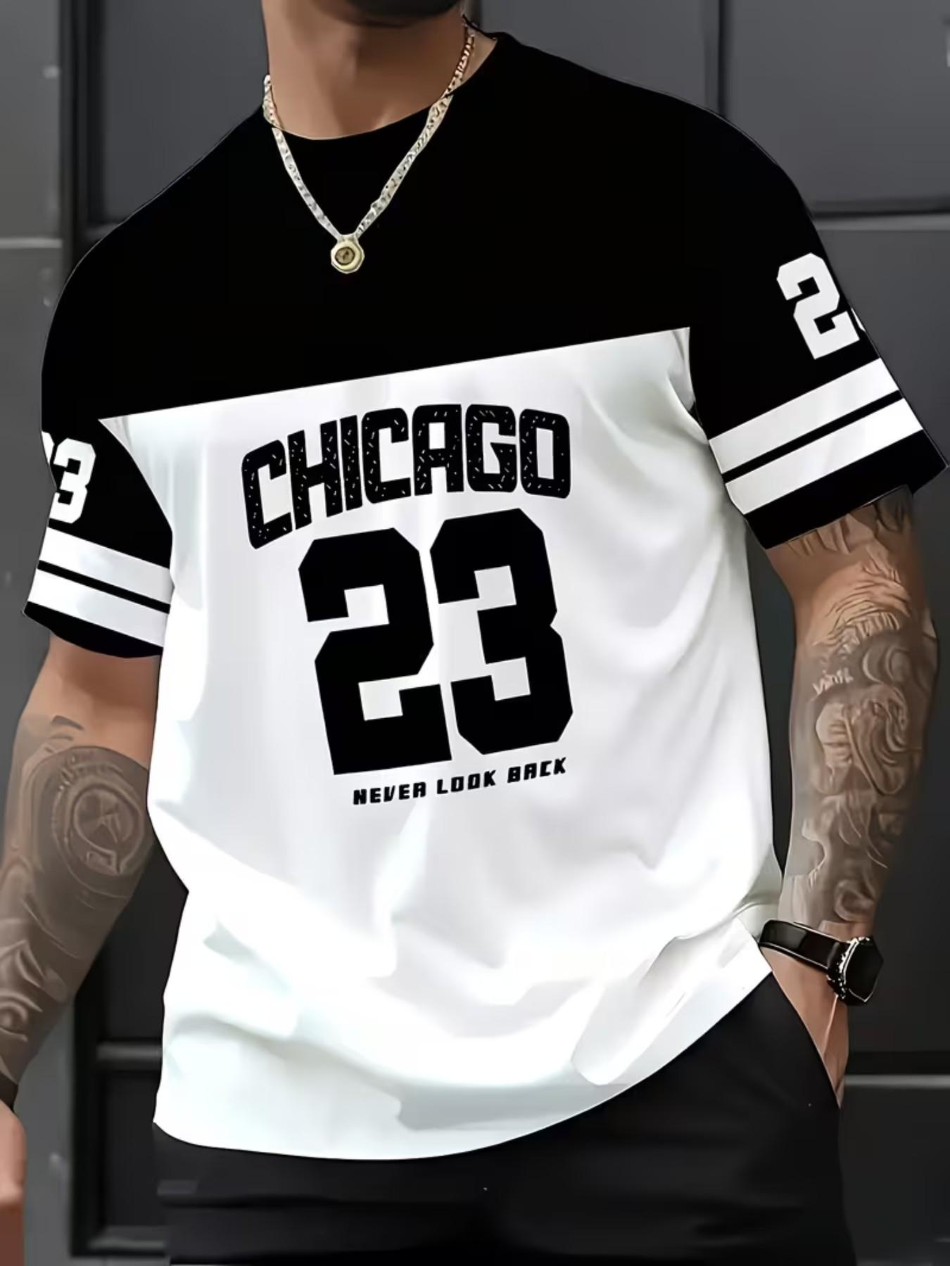 Chicago 23 Print Men's Casual Round Neck T-Shirt, Polyester Knit Fabric, Slight Stretch, Regular Fit, Summer Short Sleeve, Daily and Weekend Wear