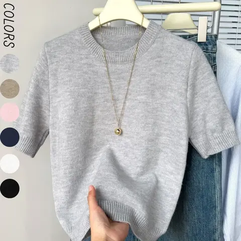 Women's Short Sleeve Crew Neck Knit Top, Solid Color Simple Lightweight Sweater Top for Spring & Fall, Casual Daily Wear