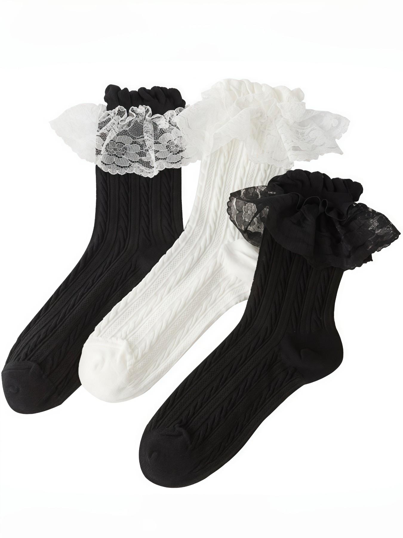 Lolita Lace Trim Socks for Women, Japanese Style Mesh Breathable Mid-Calf Socks, Perfect with Mary Jane Shoes