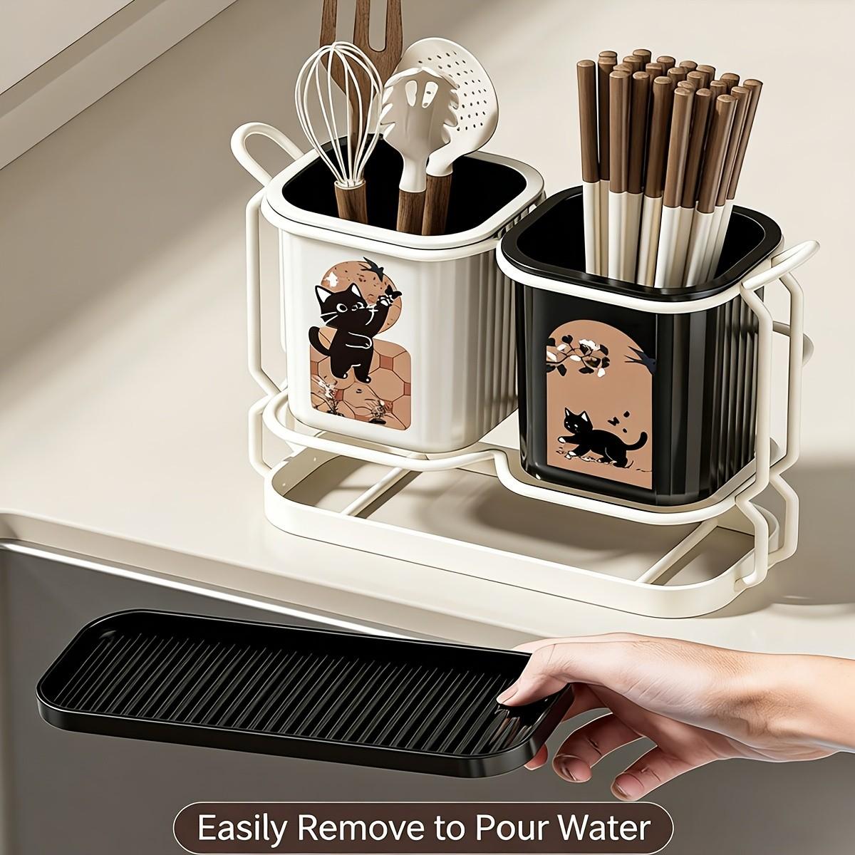 Carbon Steel Kitchen Utensil Rack with Cutters Holder, 2 Cute Cat Storage Boxes, Wall-Mounted and Countertop Storage, Detachable Tray, Durable Design