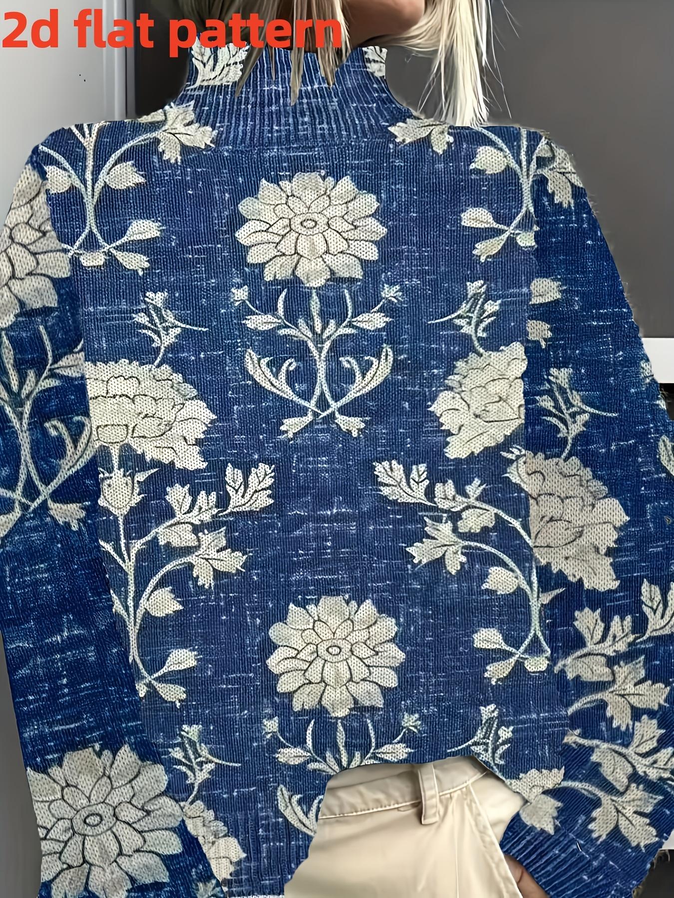 Women's Elegant Long Sleeve Sweater, High Neck Turtleneck All over Print Floral, Fall & Winter Fashion, Slim-Fitting Knit Top, Digital Printing