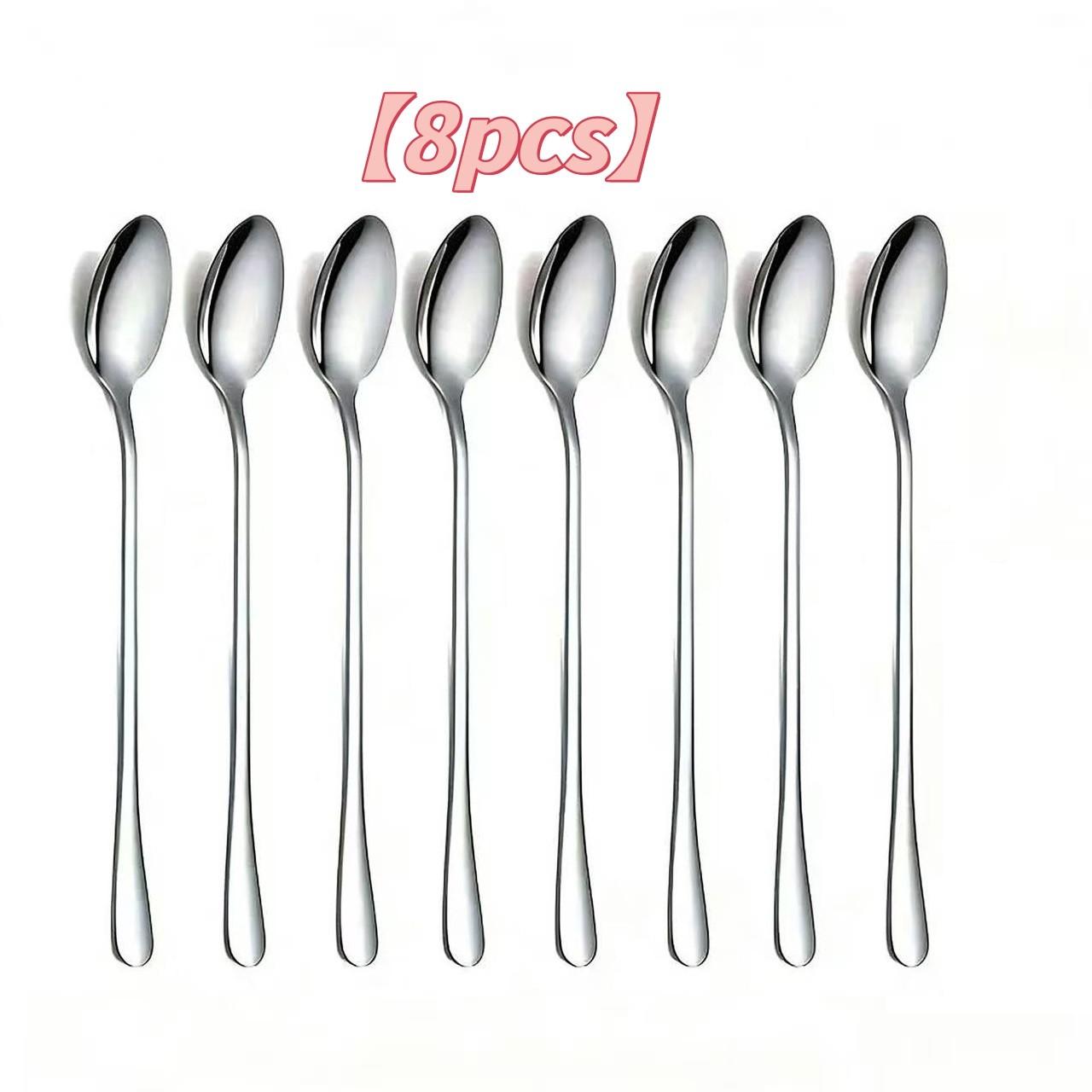 8-Piece Long Handle Ice Tea Spoon Set, Stainless Steel Coffee Scoop, Cocktail Bar Tool, Ideal for Dessert & Beverage Serving