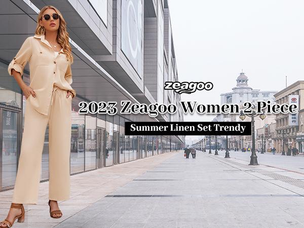 ZEAGOO Women's 2-Piece Linen Set - Button Down Shirt & Drawstring Long Pants, Summer Corporate Girlie Outfits, Black Friday Basic Fabric ZEAGOO Women's 2-Piece Linen Set - Button Down Shirt & Drawstring Long Pants, Summer Corporate Girlie Outfits, Black Friday Basic Fabric