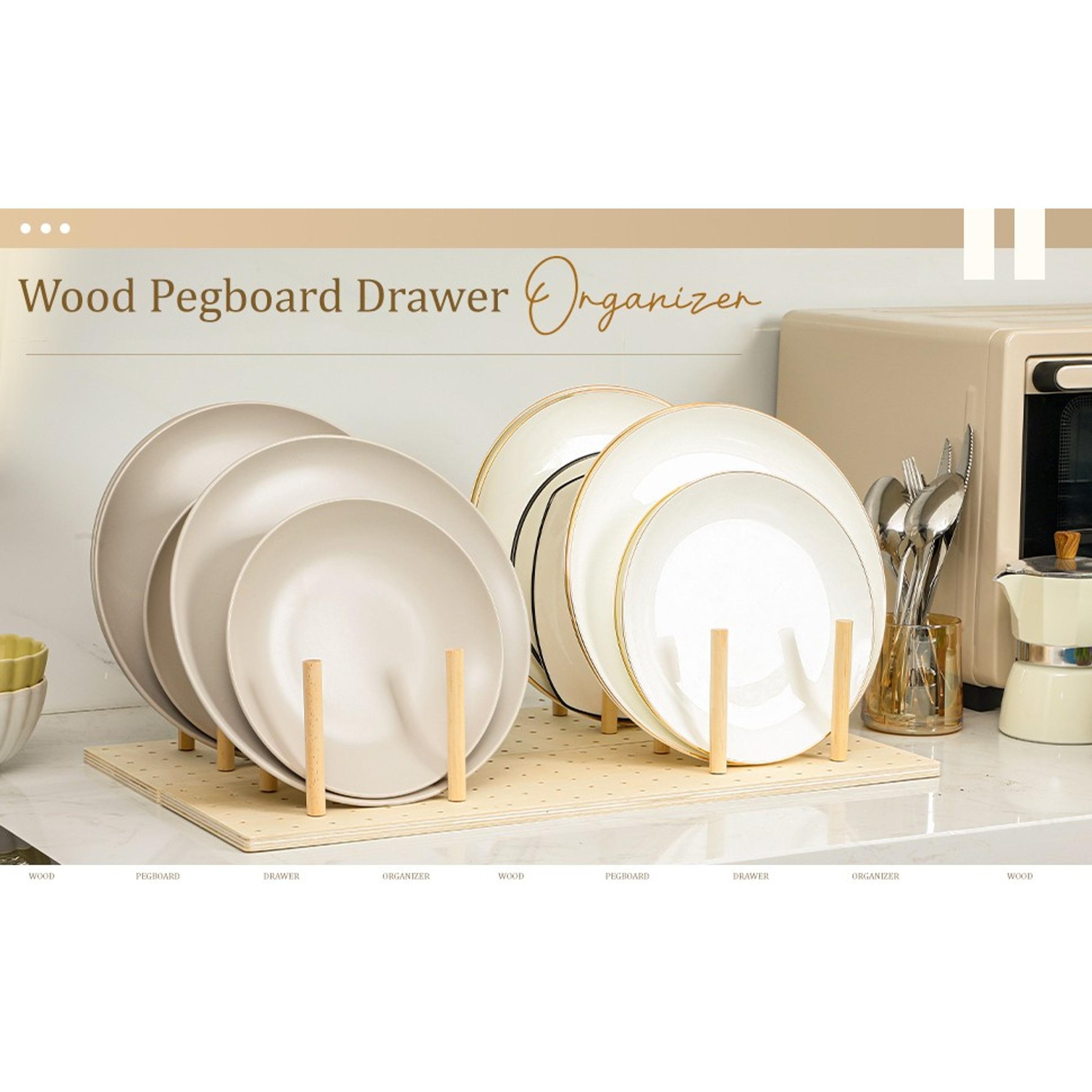 3 Pcs Wood Pegboard Drawer Organizer with 32 Pegs Wooden Peg Board Drawer Shelf Organizer Adjustable Peg System for Dishes Plate Pot Container Cookware Utensil Kitchen(17 x 5.91 in)