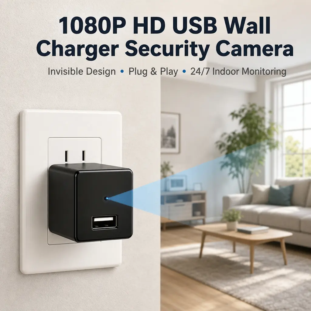 1080P HD USB Wall Charger Camera Security, Corded Power Indoor Monitoring Cam - 120° Wide-Angle, Motion Detection, Loop Recording, MicroSD Slot, Wi-Fi Enabled, Night Vision, Plug-and-Play