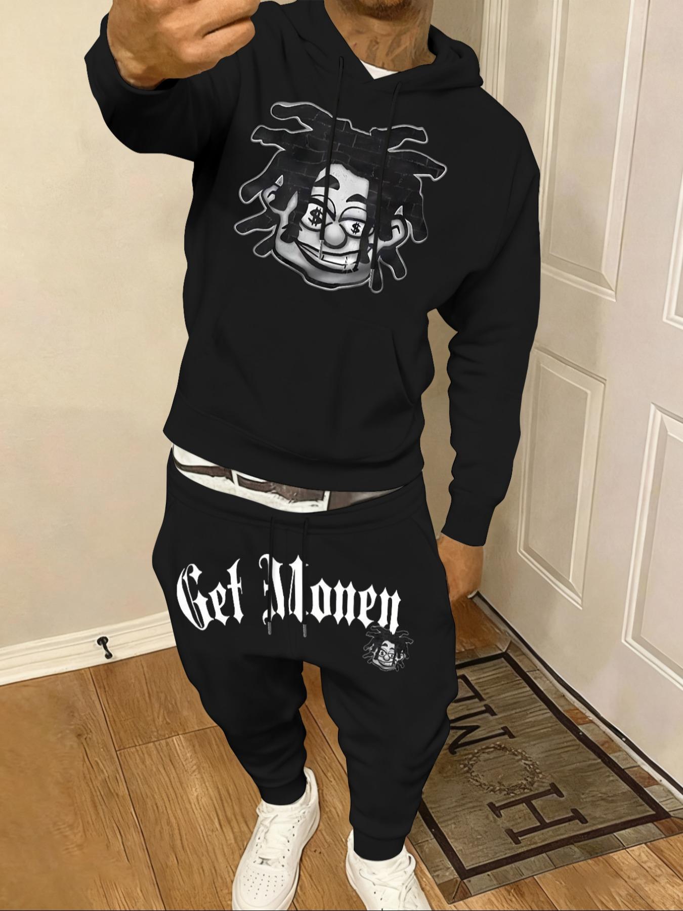 YYT1 Men's 2-Piece Fall Winter Casual Graphic Sweatshirt Set (Menswear Casual Wear), Hooded Long-Sleeve Letter Print Top + Drawstring Waist Pants, Thick Fitted Sports & Outdoor Outfit, Letter Prints