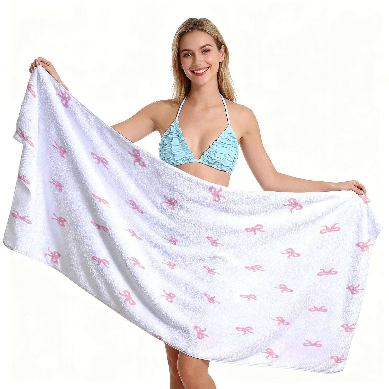 Ballet Core Bow Beach Towel, Cute Soft Skin-friendly Quick Dry, Available in Black White Blue Pink, Ideal for Girls Seaside Vacation Photoshoot