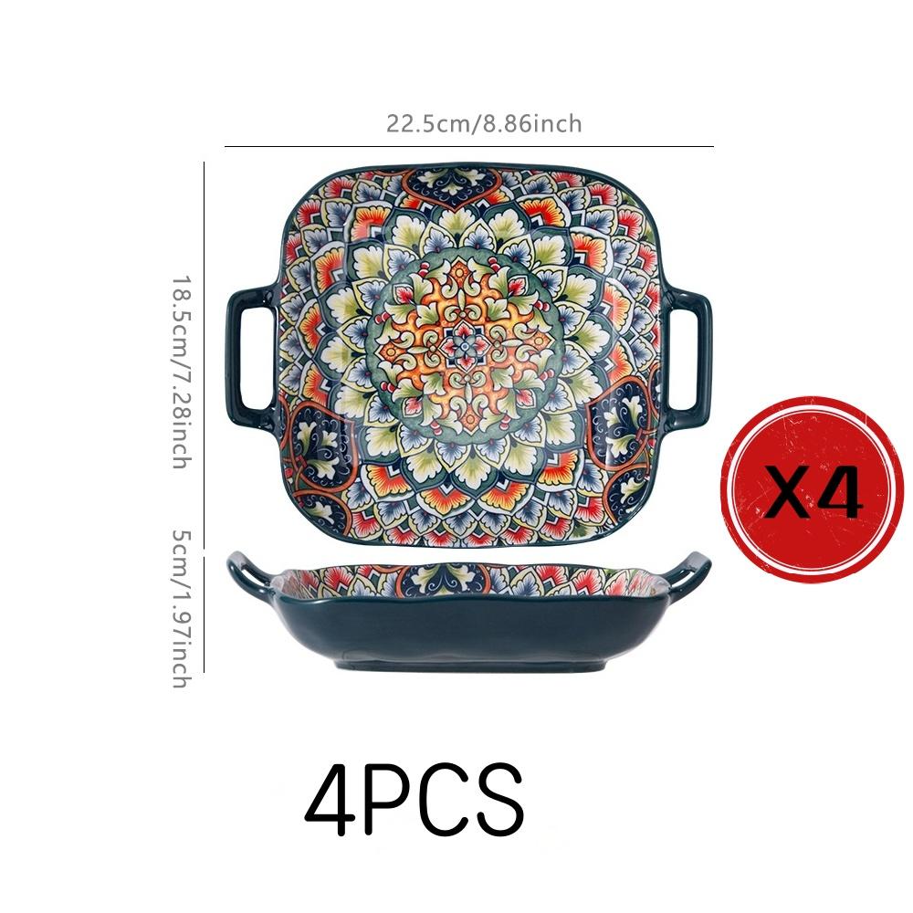 4-Piece Bohemian Ceramic Tableware Set, Hand-Drawn Ethnic Style Bowls and Plates, Creative Home Dining Essentials, Ceramic Dinnerware Sets, Non-Bone China