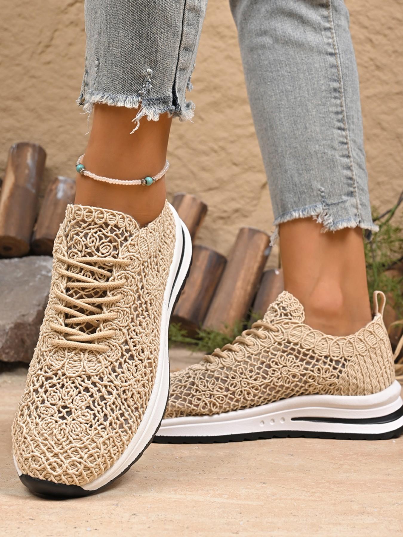 2026 Summer Handmade Crochet Sporty Sneakers, Low Ankle Round Toe Mesh Shoes, Women's Fashion Casual Footwear, Latest Trendy Knit Sandals