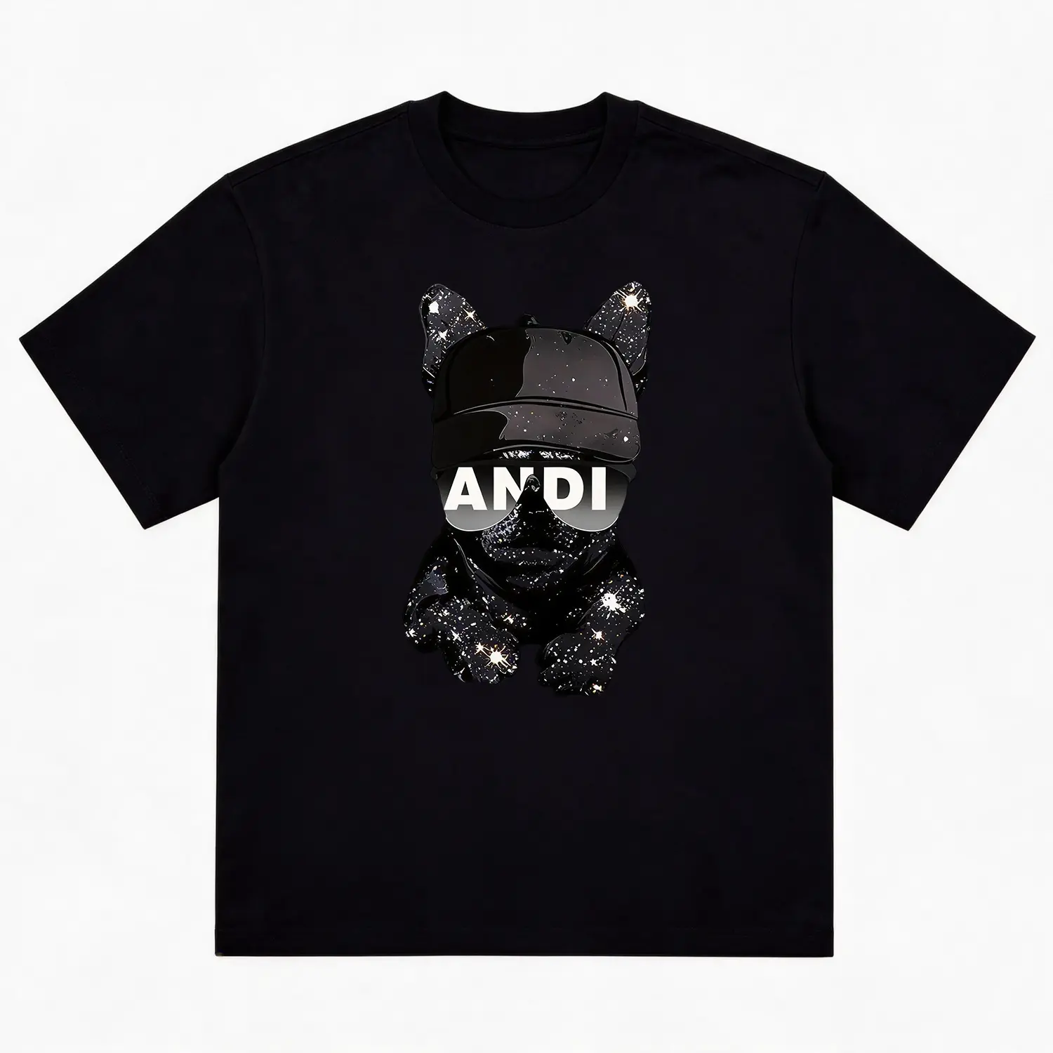 Galaxy French Bulldog Graphic T‑Shirt, Cool Glitter Star French Bulldog Wearing Cap Sunglasses Letter Front Print, Soft Cotton Breathable Loose Fit Crew Neck White Tee, Urban Hip‑Hop Streetwear Top, Casual Outfit For Men Women Teen
